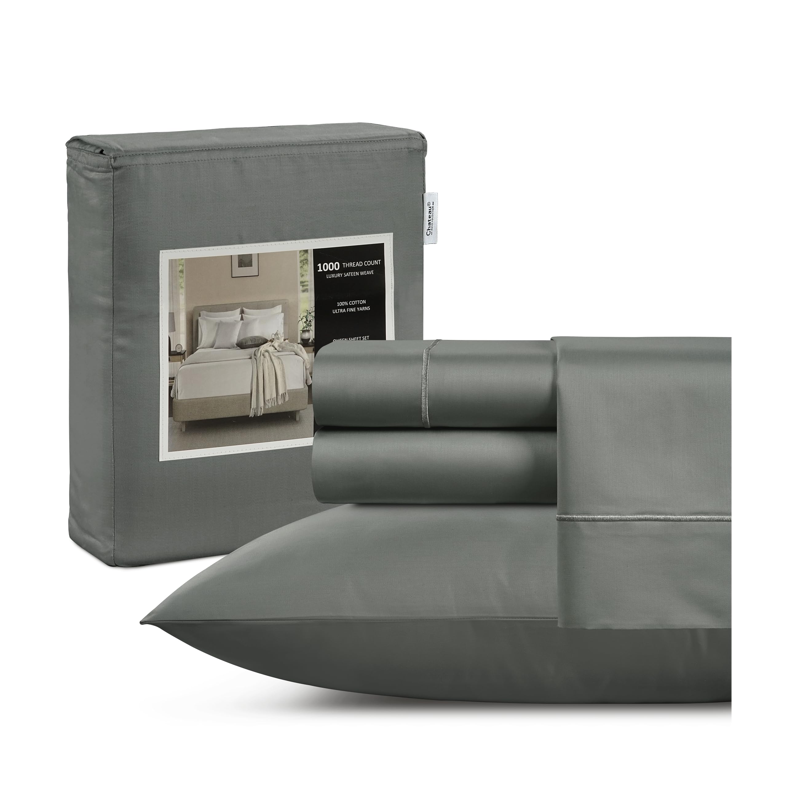 100% Cotton Queen Sheets Set - 1000 Thread Count Queen Bed Sheets, Luxury Bedding Sheets & Pillowcases, Breathable Queen Size Sh
