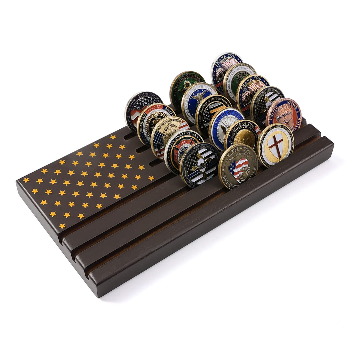 PiaoHao American Flag 6 Row Challenge Coin Holder Military Coin Display Stand, Holds 30-36 Coins Natural Solid Wood