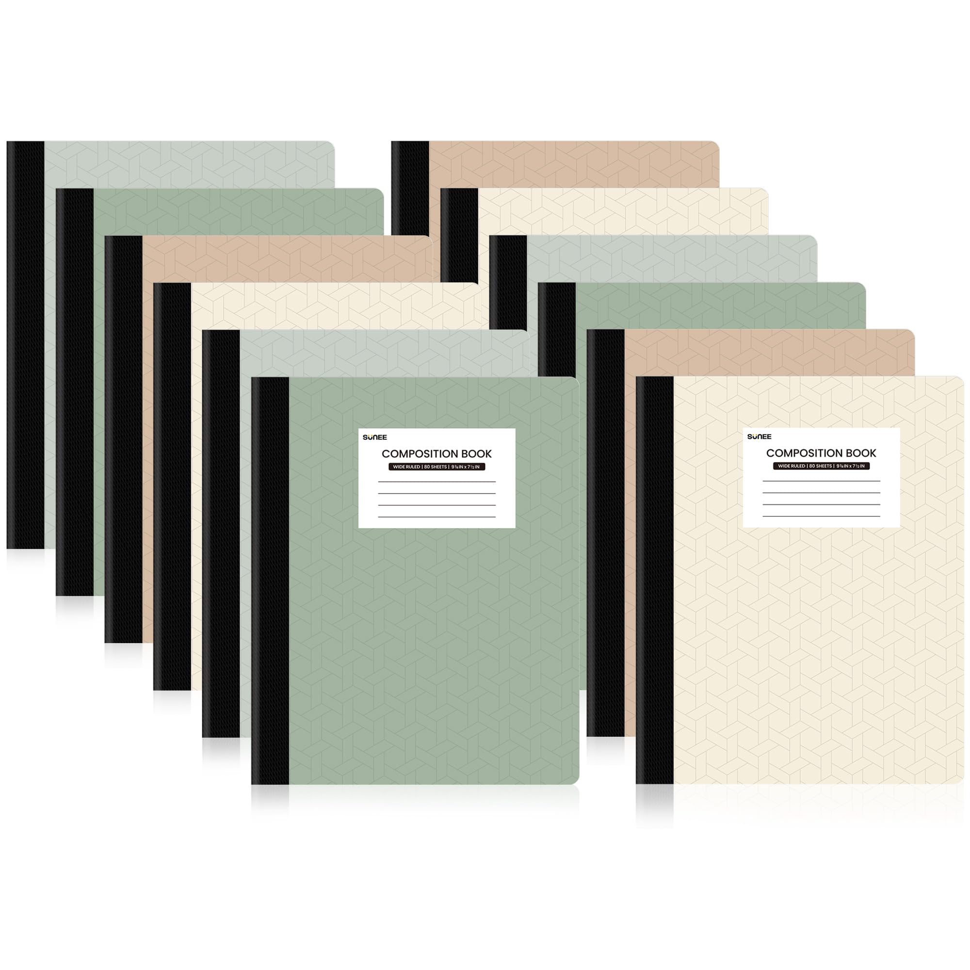 Sunee Composition Notebooks (12 Pack) - Wide Ruled Paper, Composition Book, 9 3/4' X 7 1/2', 80 Sheets/160 Pages, Assorted Mor