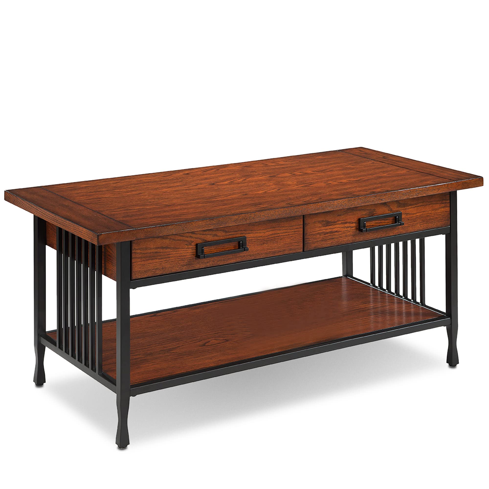 Leick Home Ironcraft Coffee Table, Solid Wood, 2 Drawers, 1 Display Shelf, Mission Oak, Black Steel, Easy Assembly, 46 in L x 22