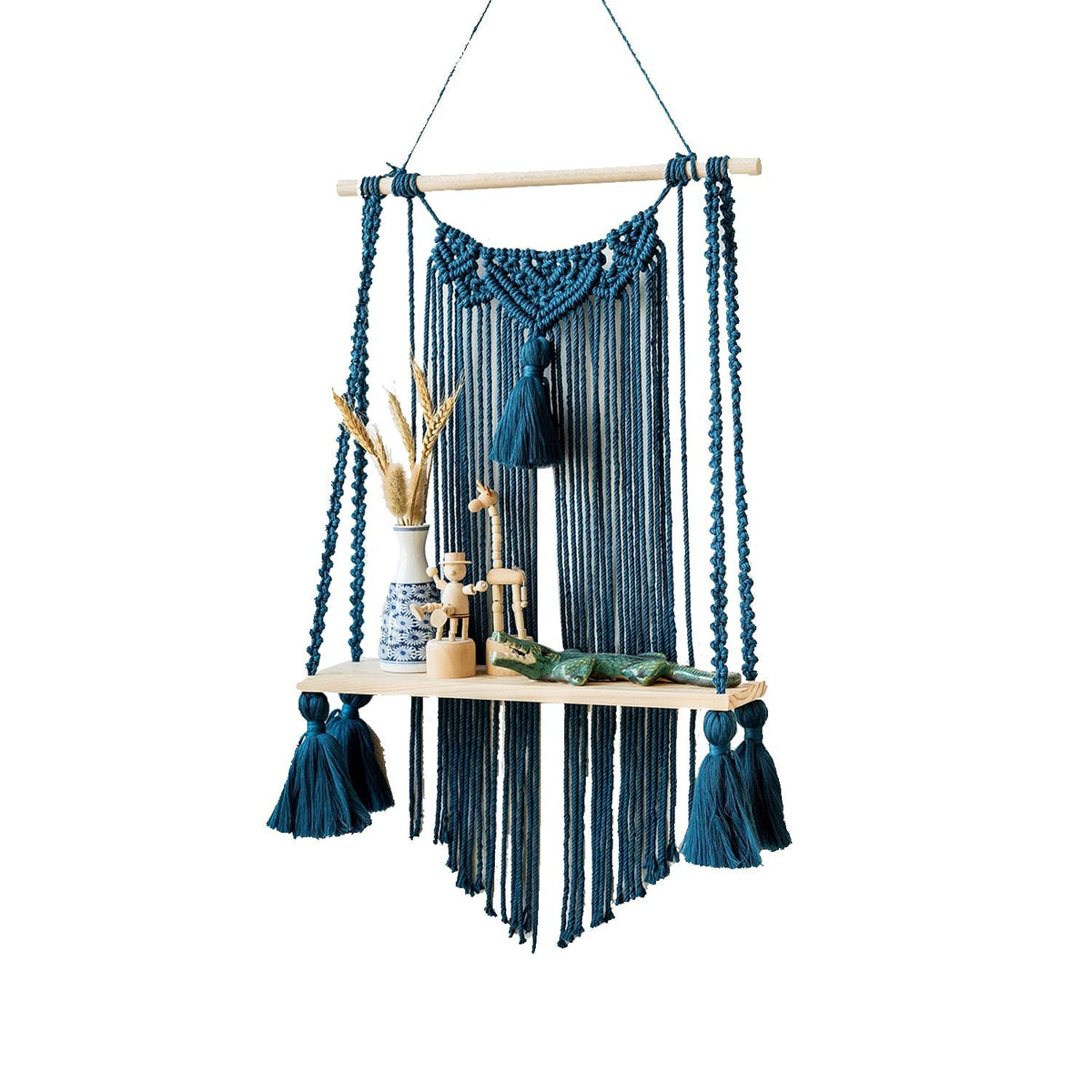 Zawi Boho Decor Macrame Wall Hanging Shelf Home Decors Storage Floating Shelves For Books And Planters Livingroom, Bedroom  Blu