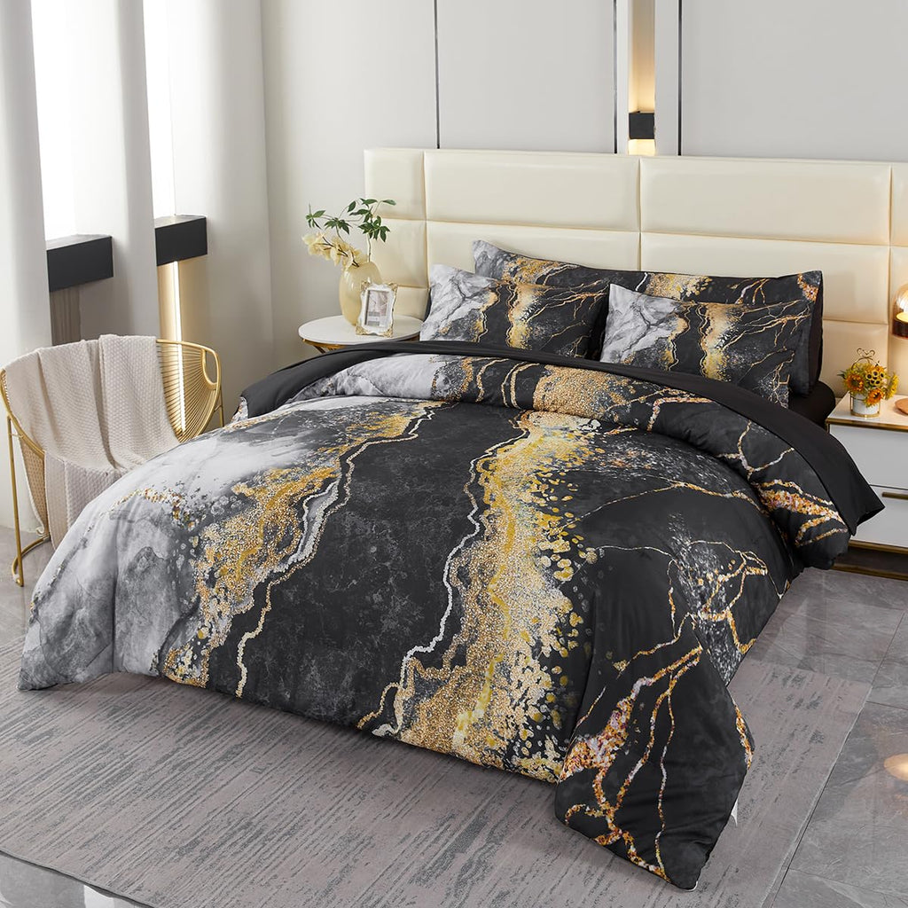 Perfemet 6 Pcs Bed In A Bag Black Watercolor Marble Printed Comforter Set For Queen Bed Burning Mountain Pattern Bedding Set Wit