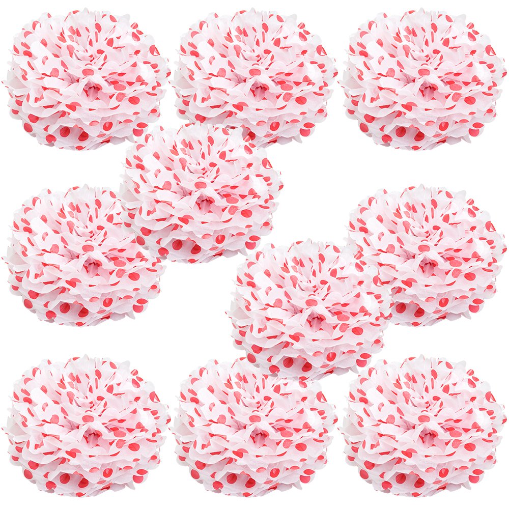 WYZworks Set of 10 - RED Polka DOT 12 - (10 Pack) Tissue Pom Poms Flower Party Decorations for Weddings, Birthday, Halloween, Br