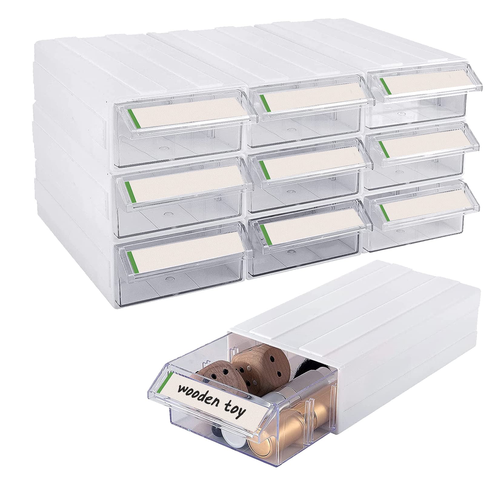 9 Pcs Plastic Stacking Storage-In-Drawer Cabinet- Desktop& Wall Mounted 9 Drawer Storage Closet With 18Pcs Clear Dividers Multif