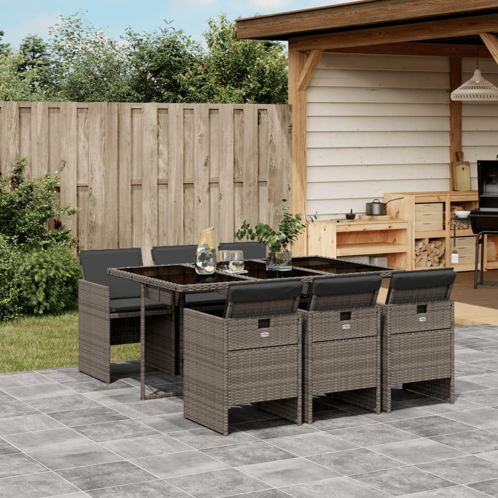 vidaXL Patio Dining Set with Cushions - 7 Piece Gray Poly Rattan Outdoor Furniture for Garden, Backyard, Patio - Foldable Chairs, Tempered Glass Tabletop, Space-Saving Design