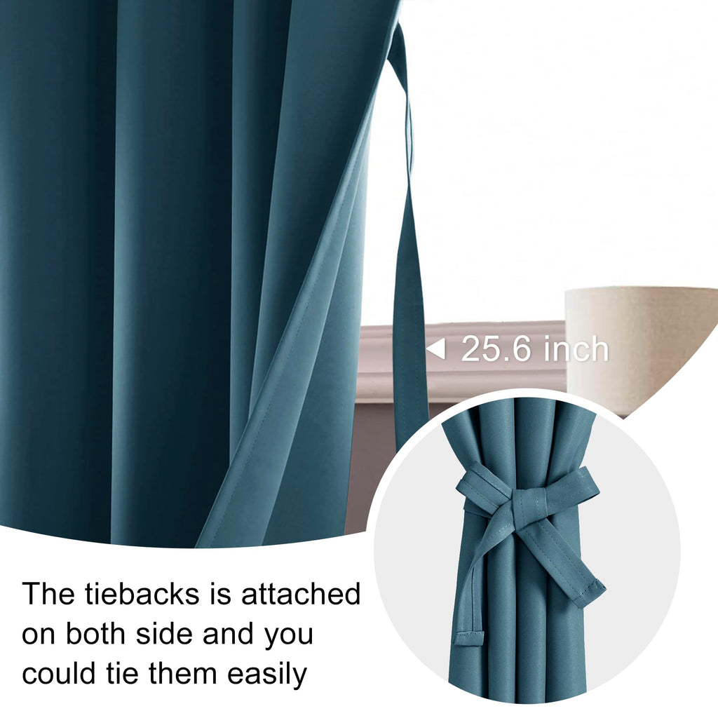 Jiuzhen Blackout Curtains For Bedroom - Thermal Insulated Room Darkening Rod Pocket Curtains For Living Room, Set Of 2 Panels With Tiebacks, 38 X 54 Inches Long, Stone Blue