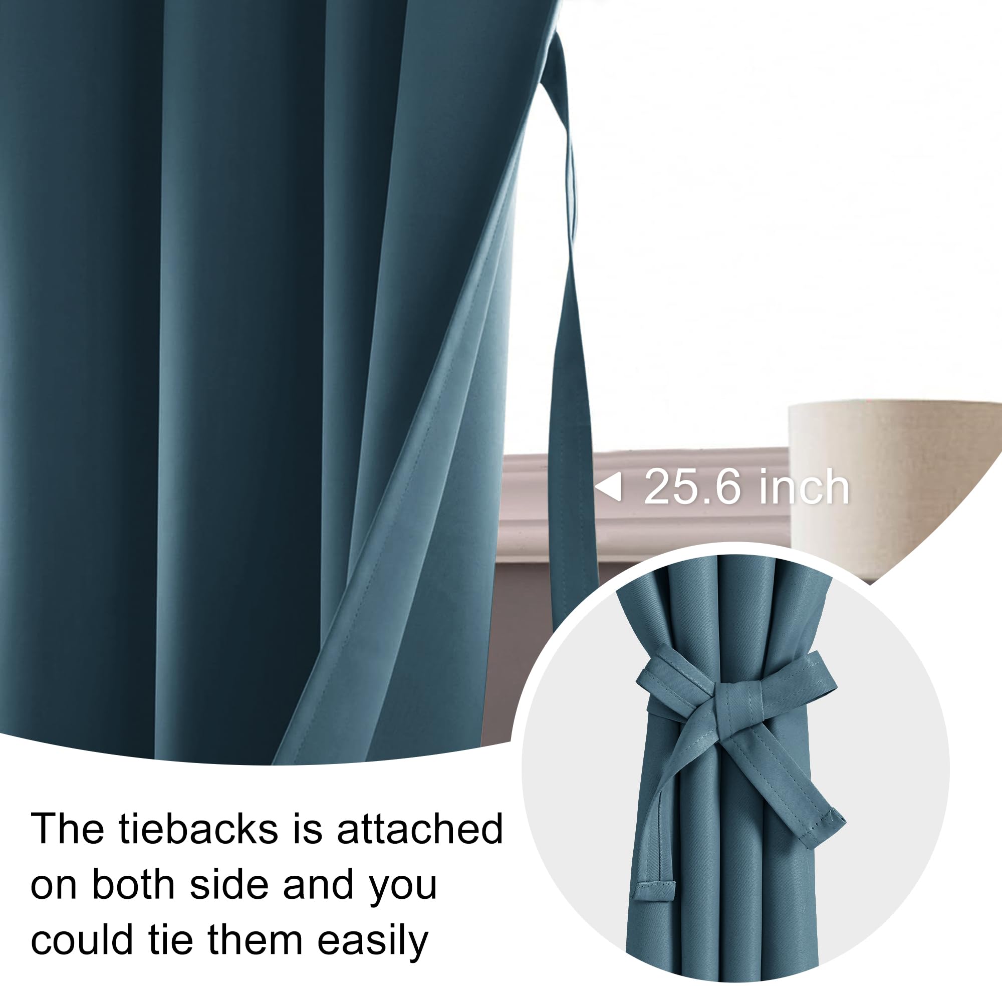 Jiuzhen Blackout Curtains For Bedroom - Thermal Insulated Room Darkening Rod Pocket Curtains For Living Room, Set Of 2 Panels With Tiebacks, 38 X 54 Inches Long, Stone Blue