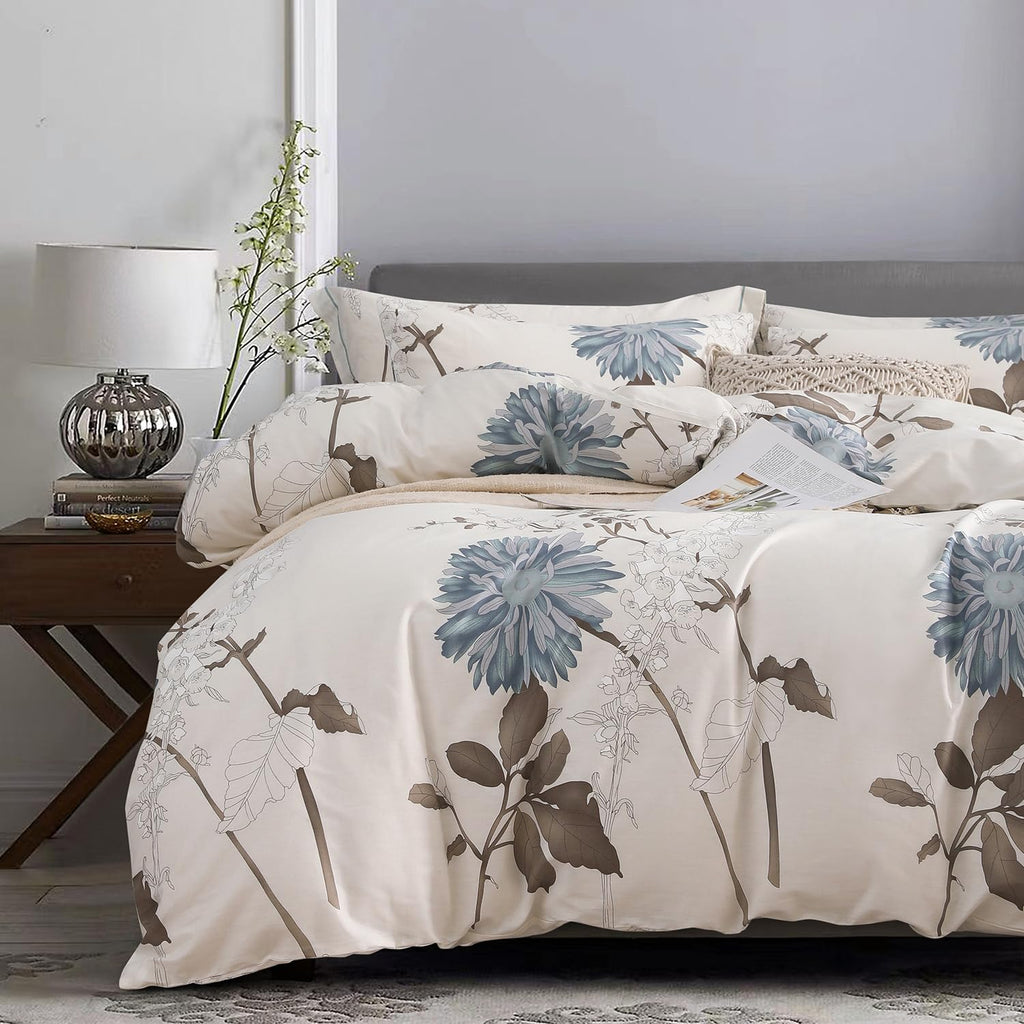 Sleepbella Comforter Twin Size, 600 Thread Count Cotton Brown Branches And Blue Flowers Off-White Comforter Sets, Down Alternati