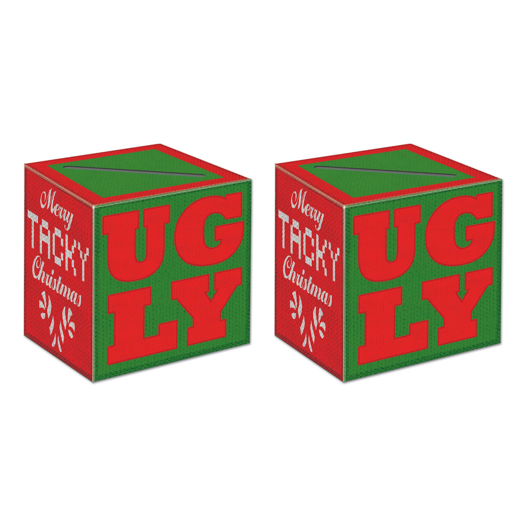 Beistle 2 Pieces Ugly Sweater Ballot Boxes with Ballots, 9 x 9, Red/Green/White