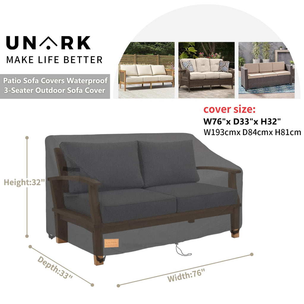 Unark Outdoor 3-Seater Sofa Cover,Waterproof Heavy Duty Patio Furniture Covers,76W X 33D X 32H Inches Outdoor Couch Cover,Patio Sofa Covers For Outdoor Furniture Waterproof,Black