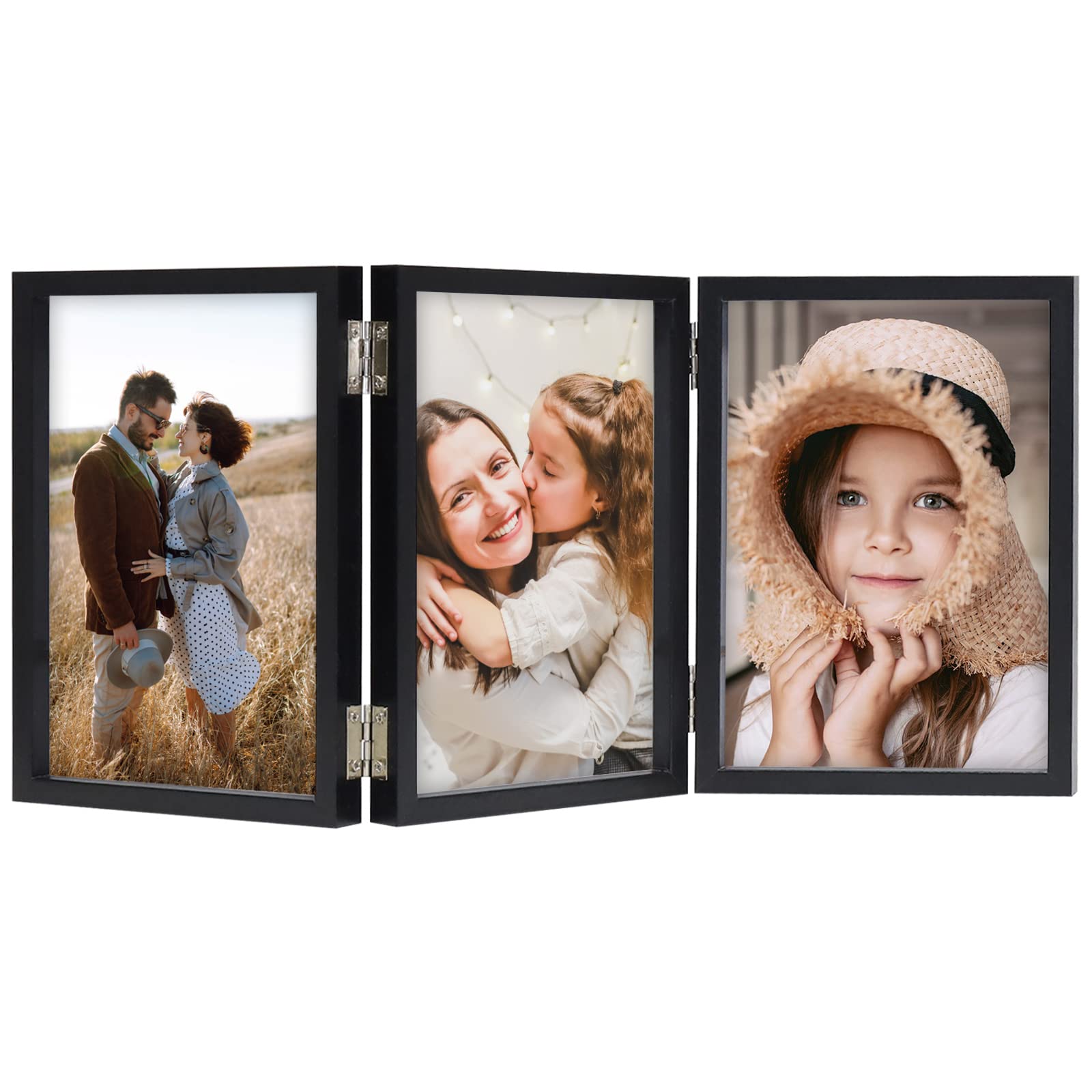 ORIVAN 4x6 Triple Picture Frame Hinged 3 Photos Folding Photo Frames with Glass Vertical Stand Frames, Black