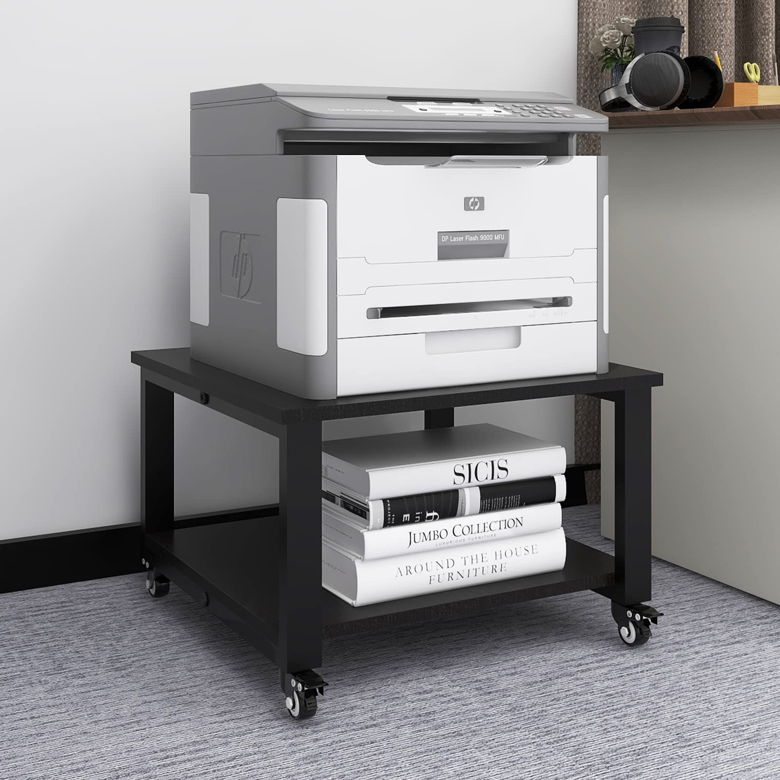 Natwind 2 Tiers Office Movable Laser Printer Copier Stand Cart Under Desk Heavy Duty Dark Brown Rolling Table With Storage Floor