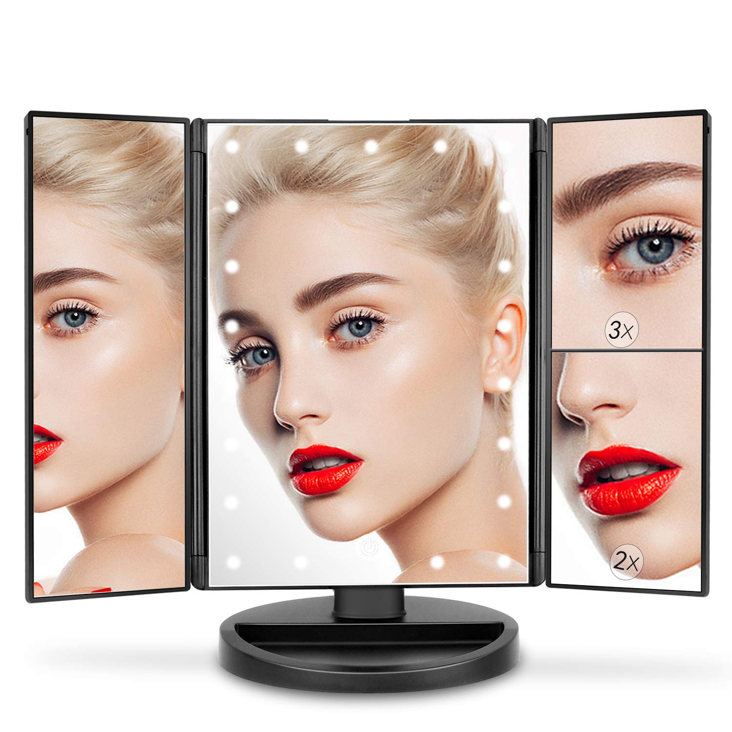 Deweisn Tabletop Mount Trifold Lighted Vanity Mirror With 21 Led Lights, Touch Screen And 3X/2X/1X Magnification, Two Power Supp