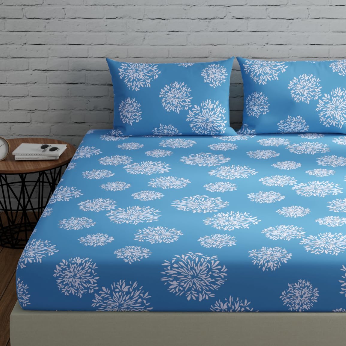 Huesland By Ahmedabad Cotton 144 Tc Fitted Bedsheet Queen Size Cotton With 2 Pillow Covers  Color | 5Ft X 6.5Ft | Blue