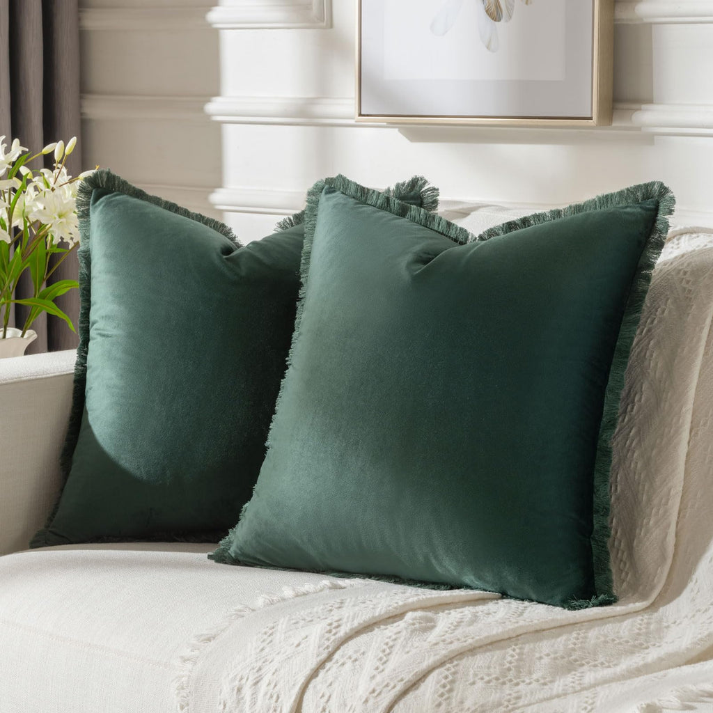 FUTEI Army Green Boho Throw Pillow Covers with Tassels 22x22 Inch Set of 2,Soft Velvet Decorative Cushion Case,Home Decor for Co