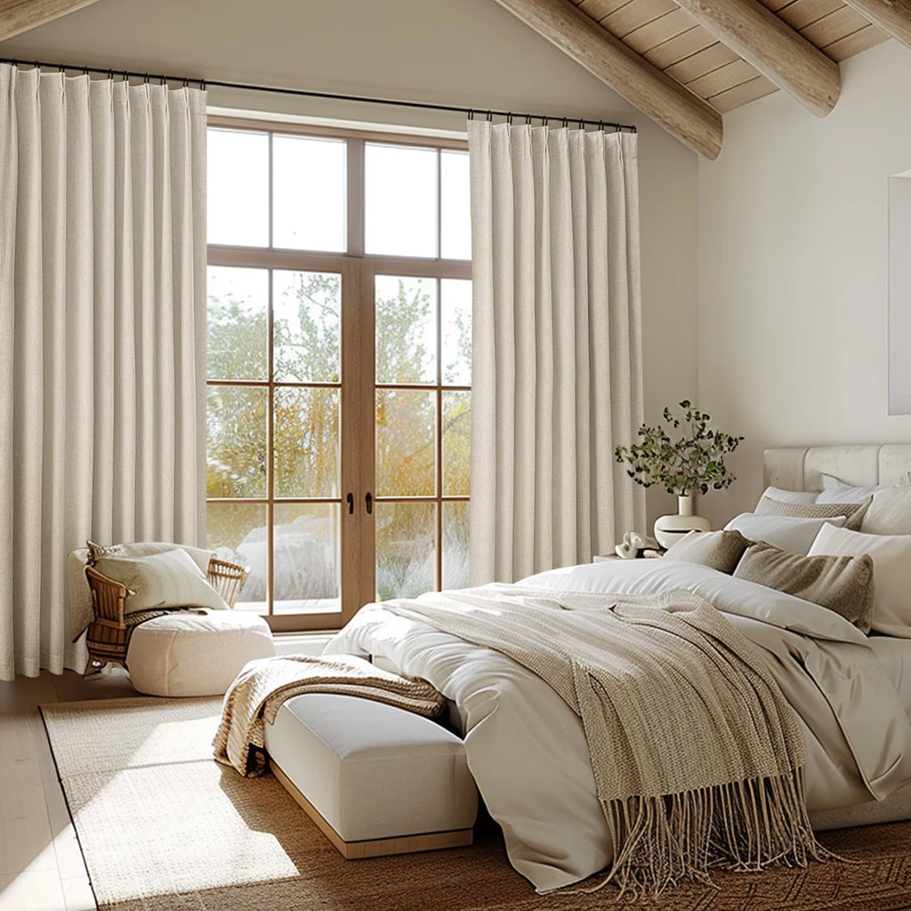 Miulee Tan Beige Pinch Pleated 100% Blackout Linen Curtains For Bedroom, Room Darkening Light Blocking Window Curtains 63 Inches
