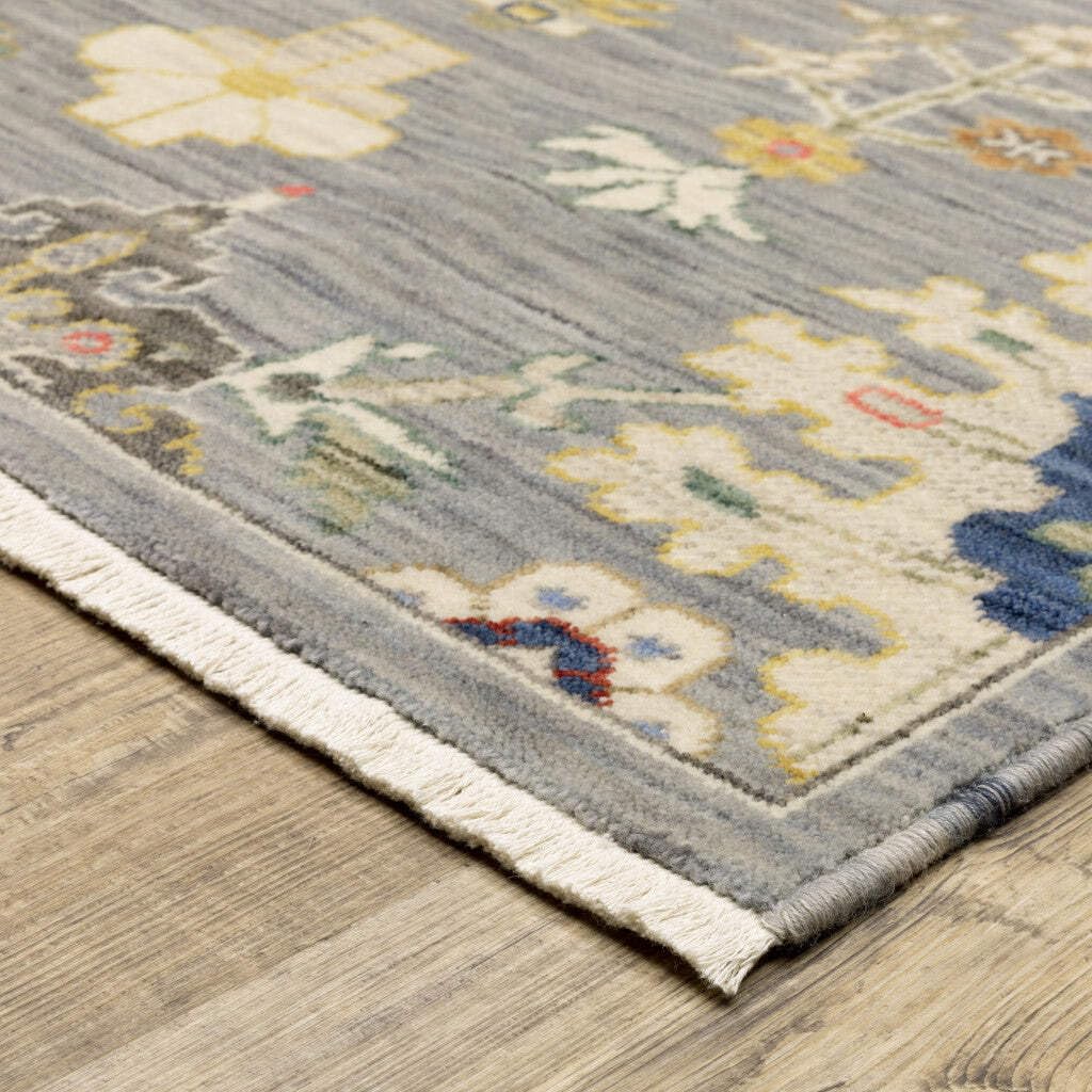 HomeRoots 509323 10 x 13 ft. Gray Ivory Gold Salmon Red Blue & Green Oriental Power Loom Stain Resistant Rectangle Area Rug with Fringe