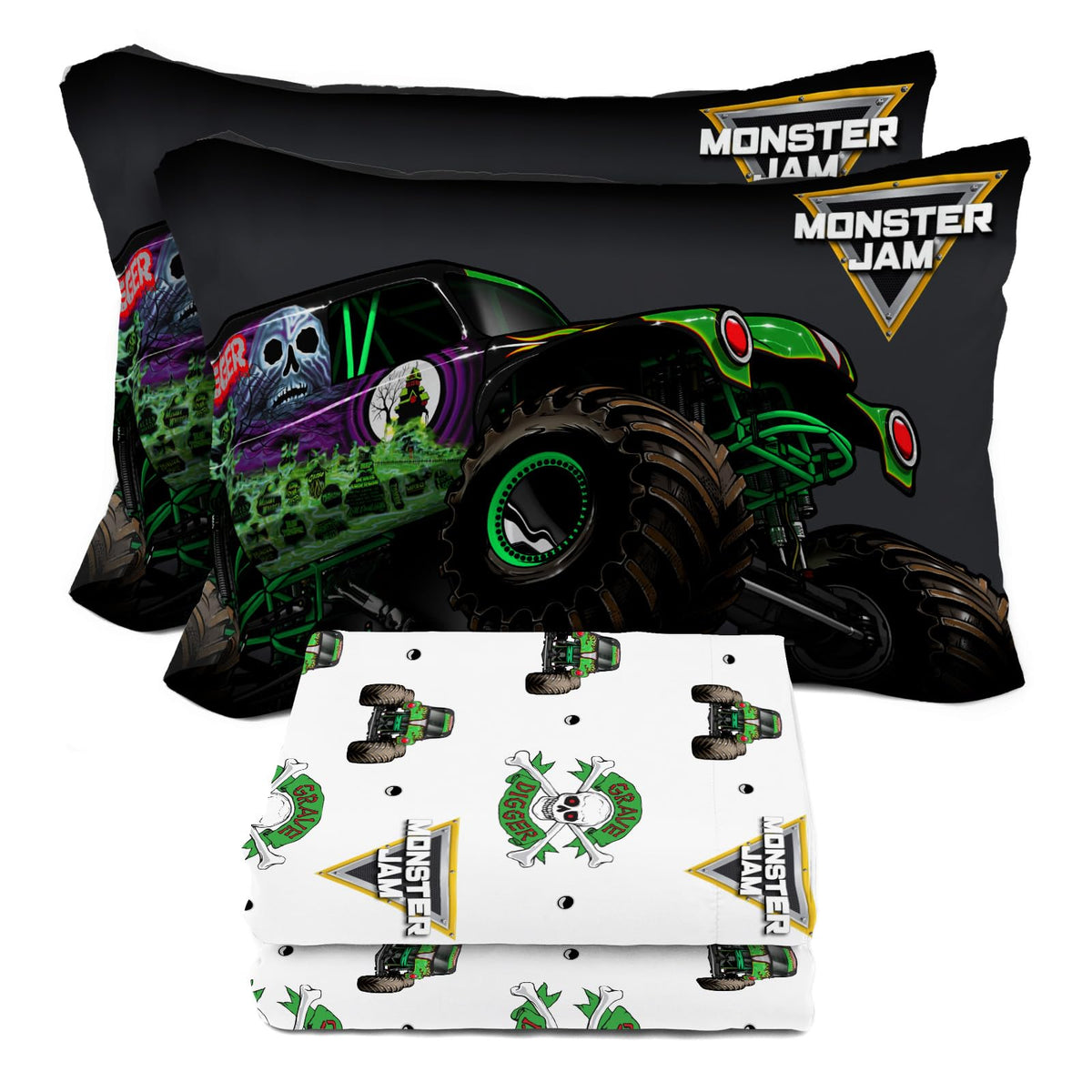 Sunny Side Up Monster Jam Grave Digger Full Sheet Set - 4 Piece Kids Bedding Set Includes Pillow Cover - Super Soft Microfiber S