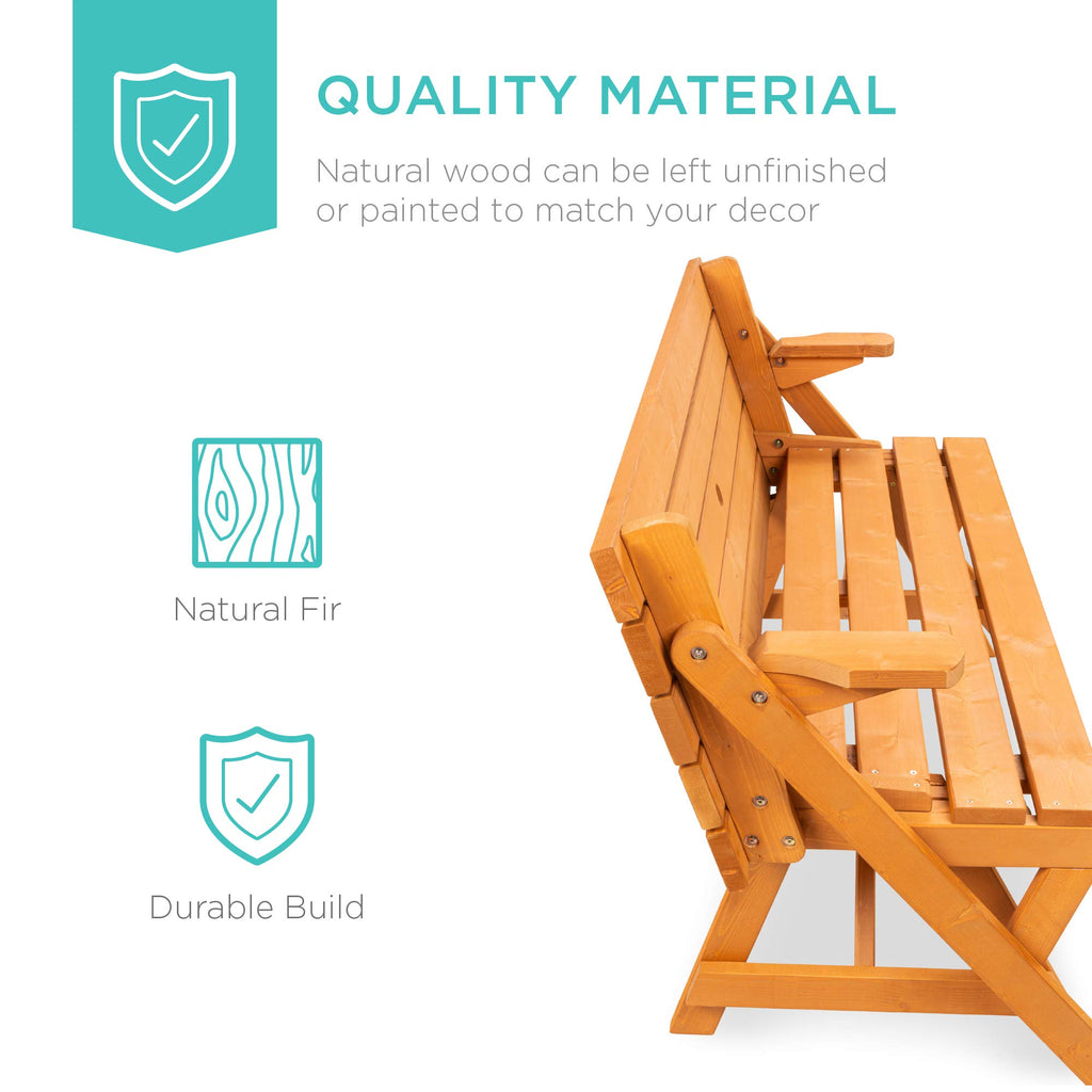 Best Choice Products 2-In-1 Transforming Interchangeable Outdoor Wooden Picnic Table Garden Bench For Backyard, Porch, Patio, Deck W/Umbrella Hole - Natural