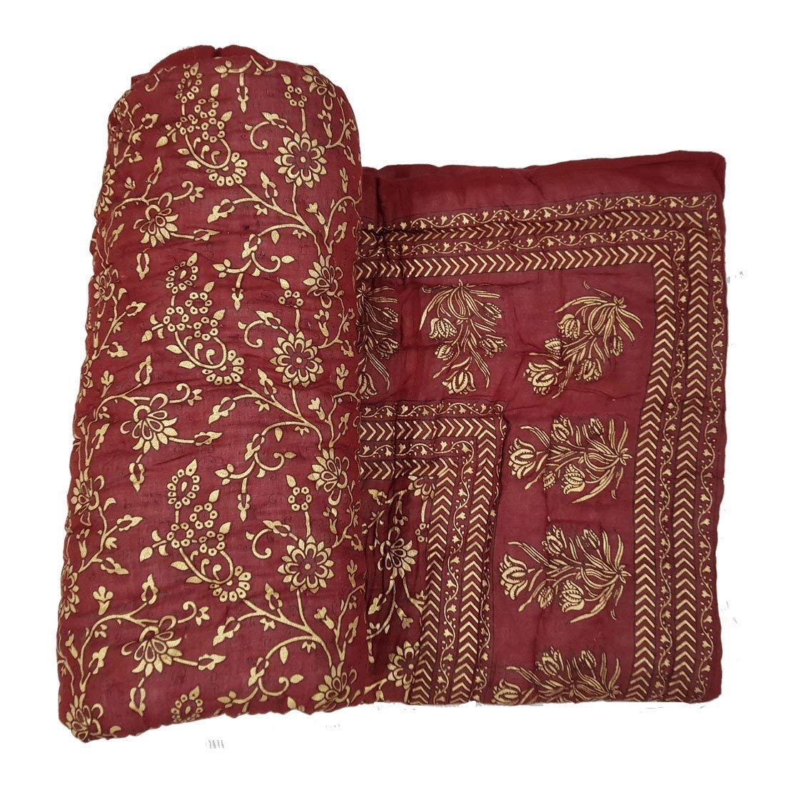 SVT Traditional Famous Rajasthani Print Jaipuri Beautiful Floral Print in Multi mahroon in Gold Print Jaipuri Rajai/Razai/Quilt