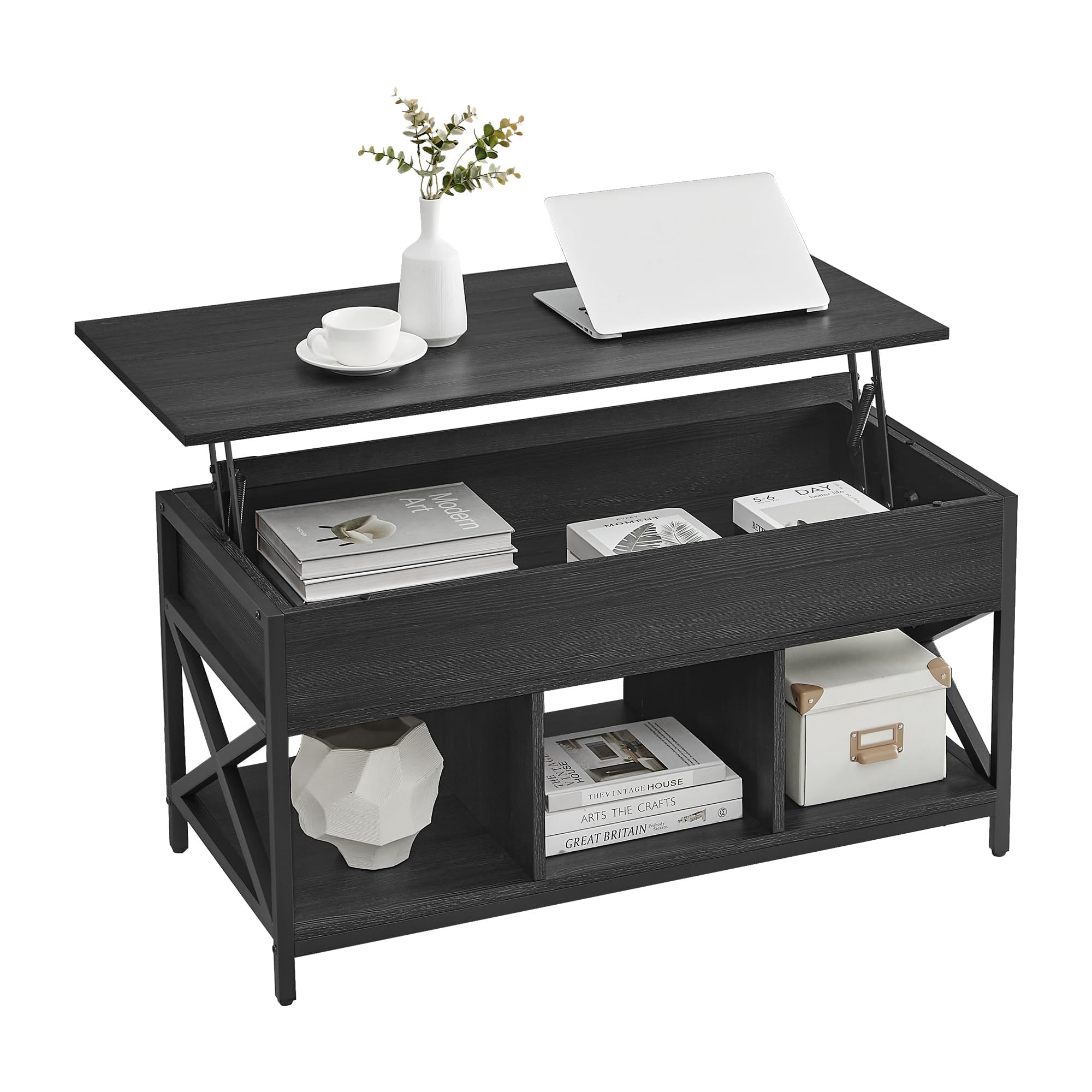 VASAGLE Lift Top Coffee Table, Lift Coffee Table with Storage Shelf, Hidden Compartments and Lifting Top, for Living Room, Offic