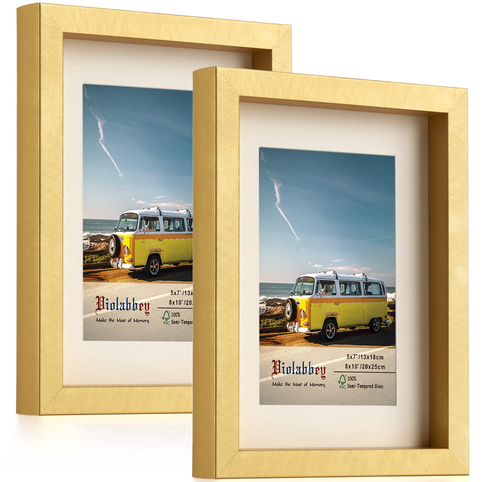 VIOLABBEY 8x10 Picture Frame Gold Set of 2, Photo Frame 5x7 with Mat or 8x10 without Mat, Wall Mount or Table Top, Semi Tempered