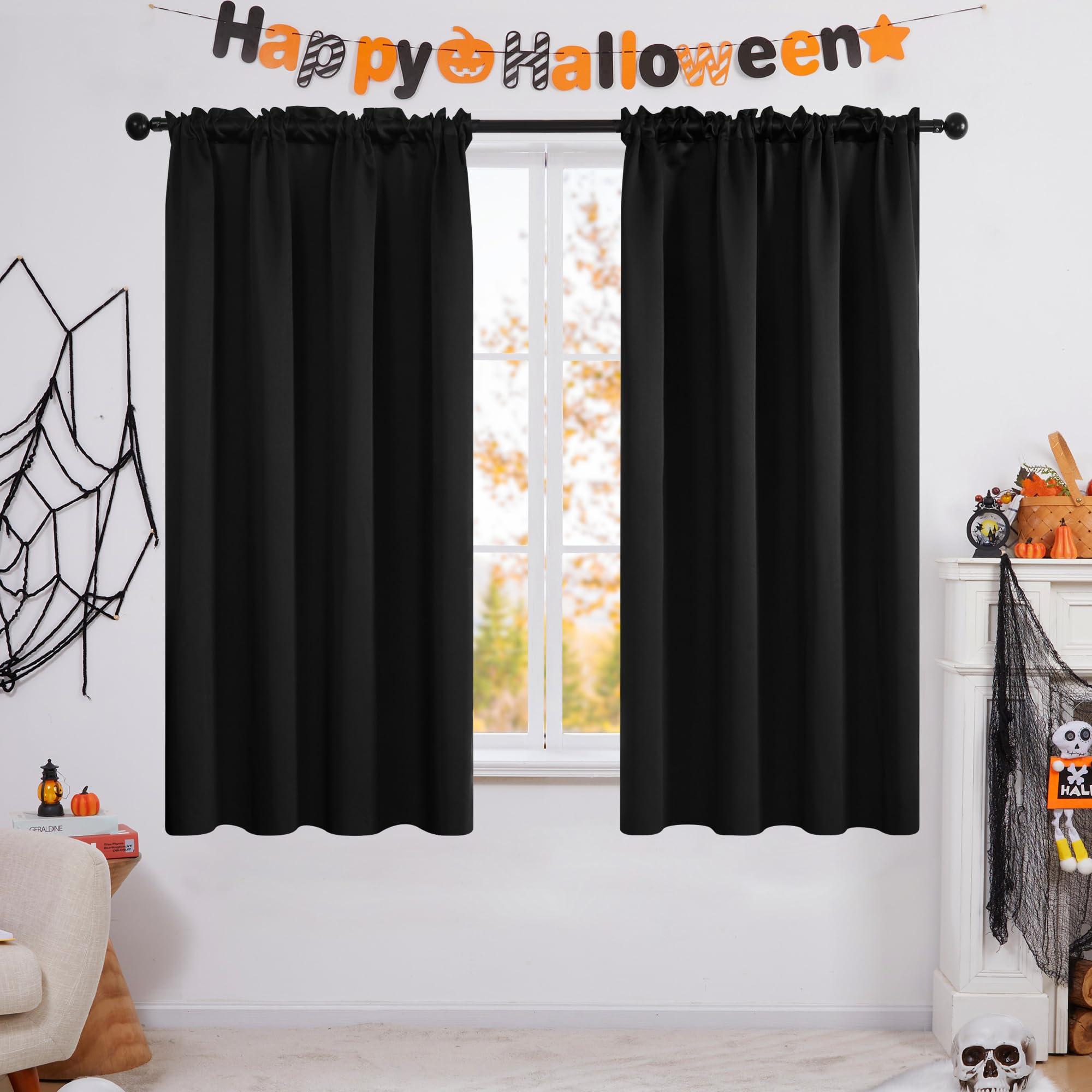 Deconovo Soild Rod Pocket Blackout Curtains, Black, 42W X 45L