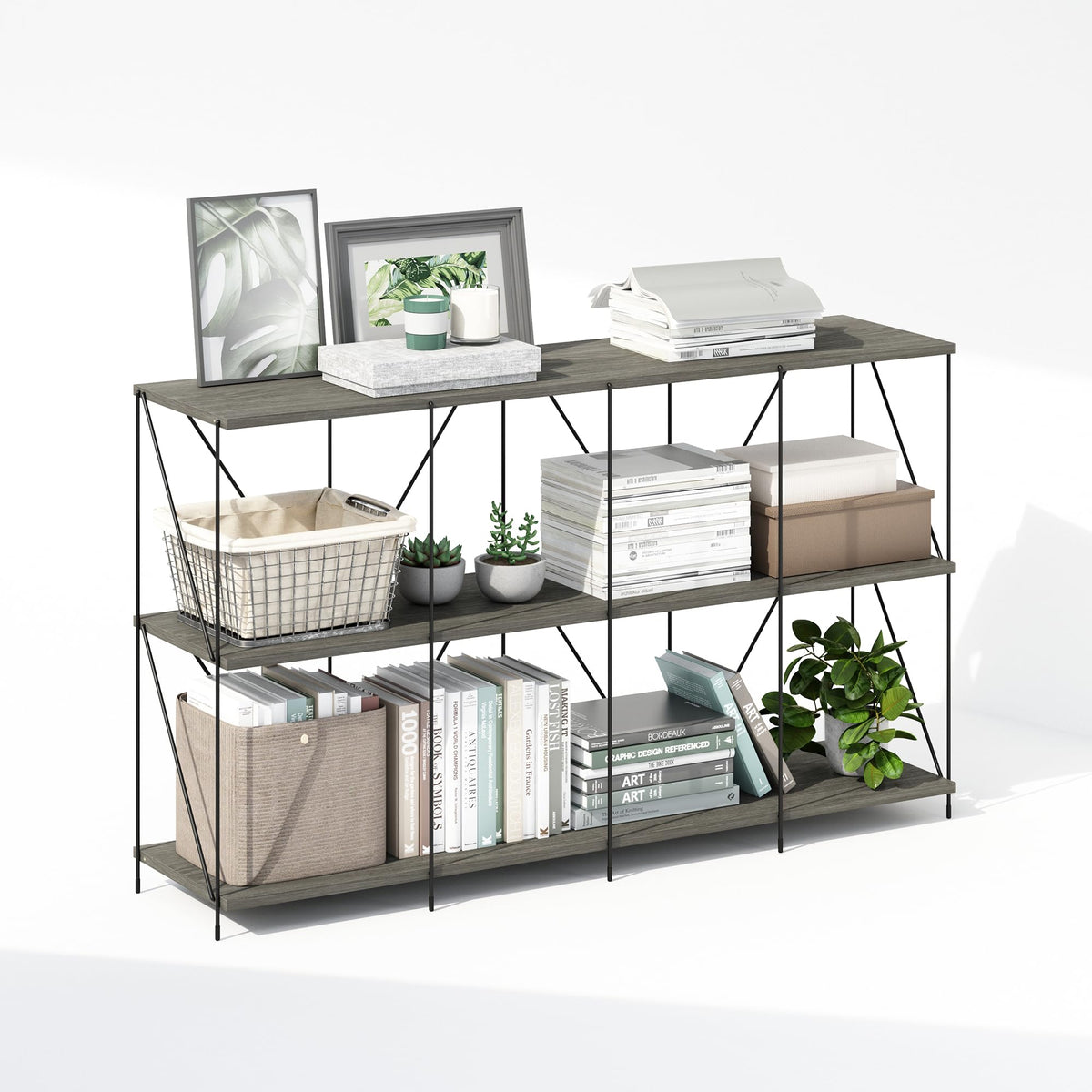 Furinno Wire 3-Tier Industrial Style Metal Frame Bookcase, Display Shelf, 47 Wide, Finn Oak