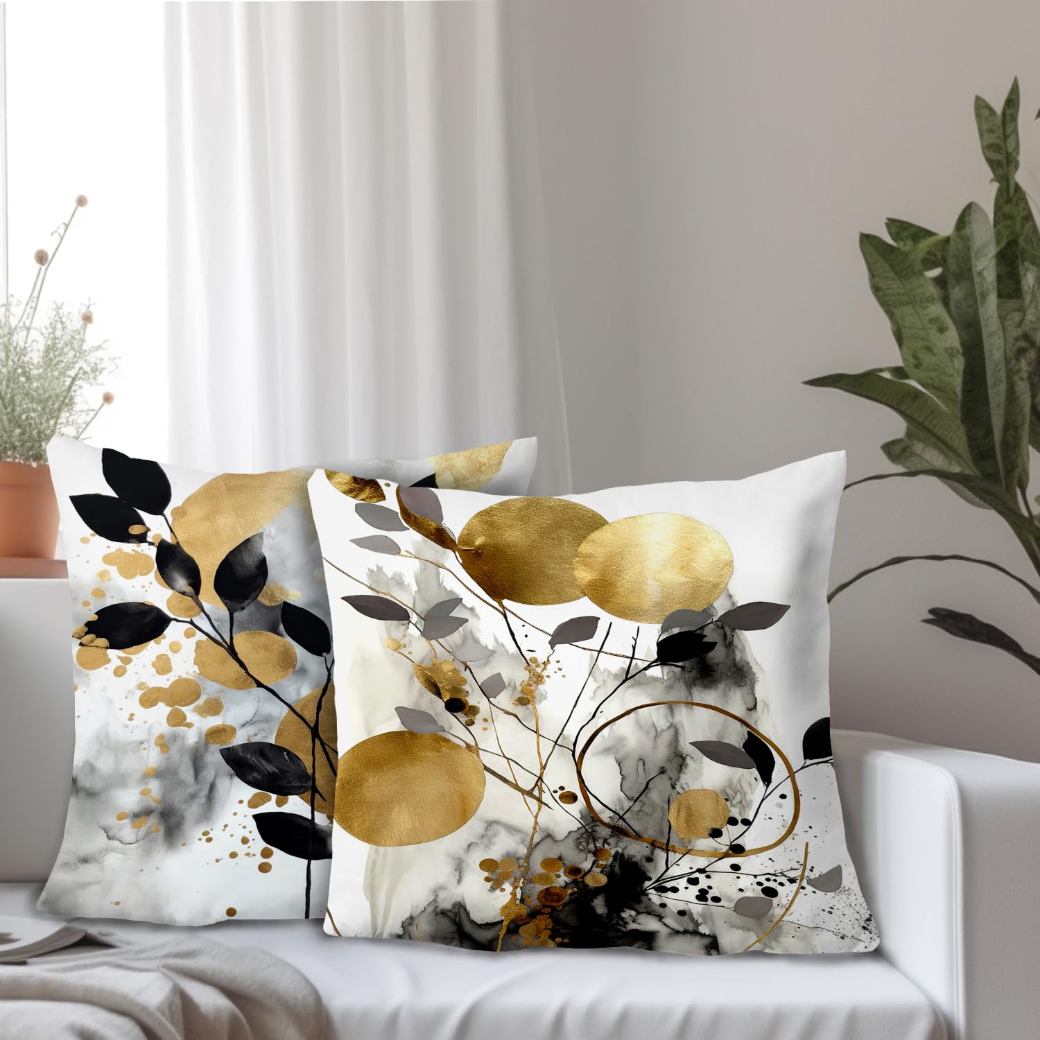 Supwhd Black And Gold Botanical Pillow Covers 22X22 Set Of 2, Abstract Modern Decorative Throw Pillow Covers For Living Room Bed