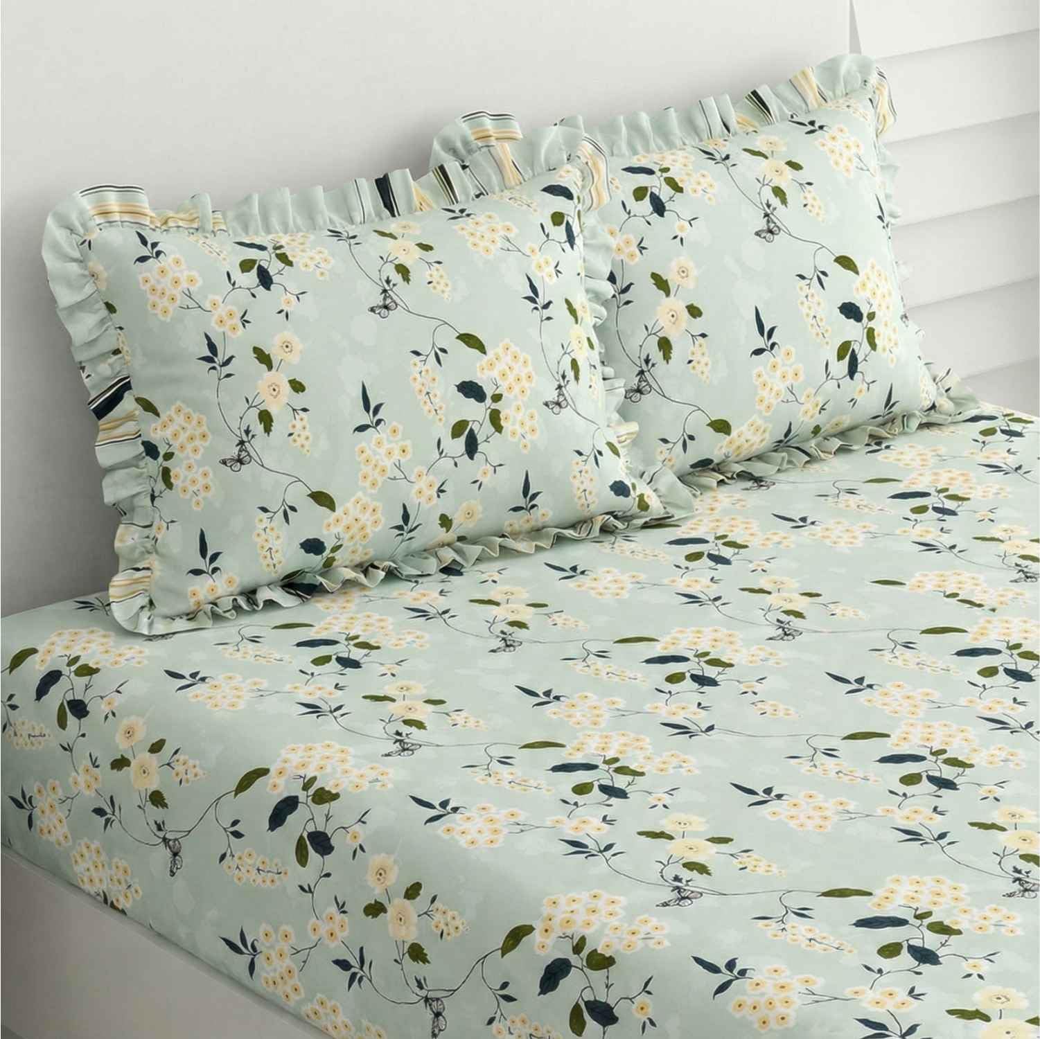 Dream Weaverz Polycotton Printed 260 Thread Double Bed Size Fitted Elastic Bedsheet|72X78X7|2 Frill Pillow Cover|46X72Cm