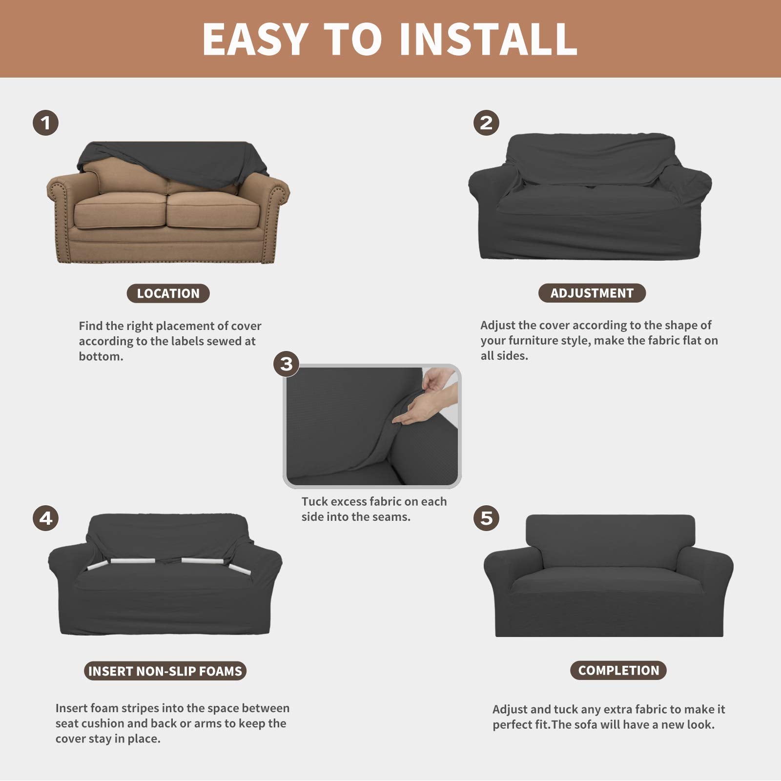 Easy-Going 100% Waterproof Loveseat Couch Cover, Dual Waterproof Sofa Cover, Stretch Jacquard Sofa Slipcover, Leakproof Furniture Protector For Kids, Pets, Dog And Cat (Loveseat, Dark Gray)