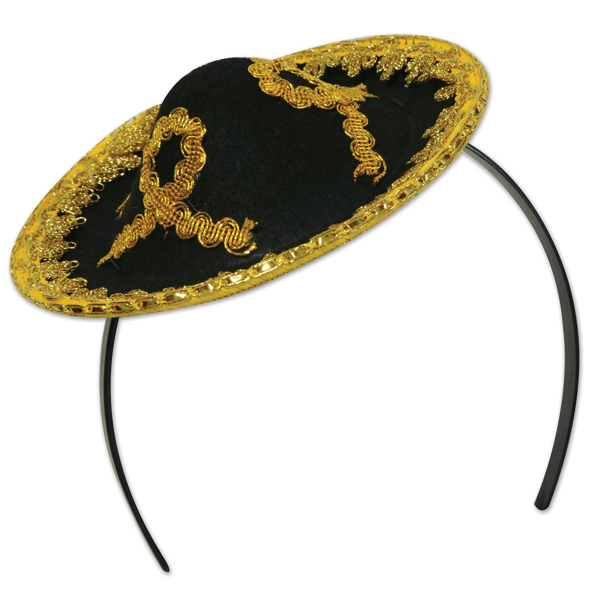 Beistle Sombrero Headband  Mini Black And Gold Felt Hat Attached To Snapon Headband For Festive Mexican Party Outfits, Cinco D