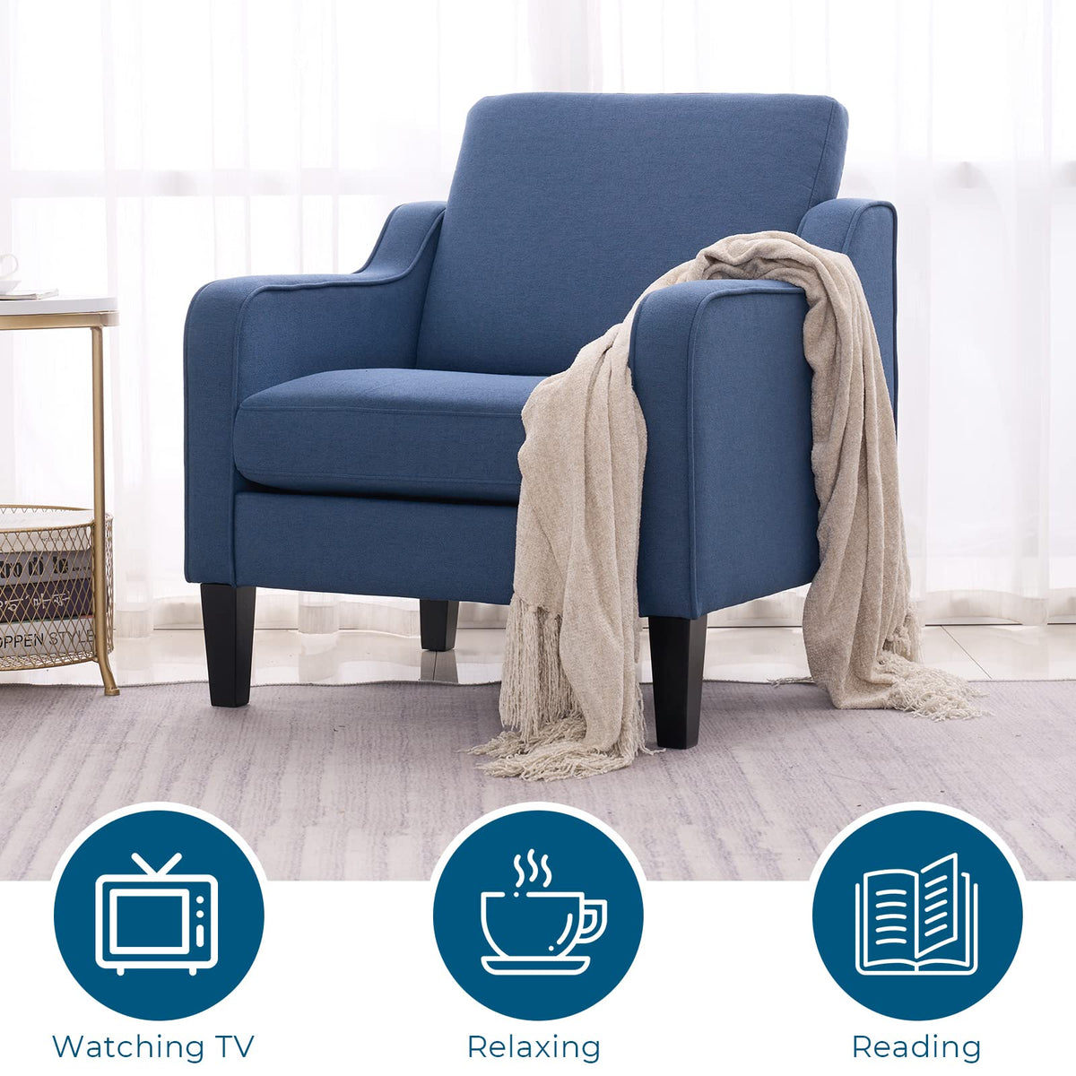 Vingli Mid Century Modern Accent Chair,Navy Blue Fabric For Living Room Upholstered Armchair With Scooped Arms For Bedroom,Apartment,Studio,Office,Waiting Room