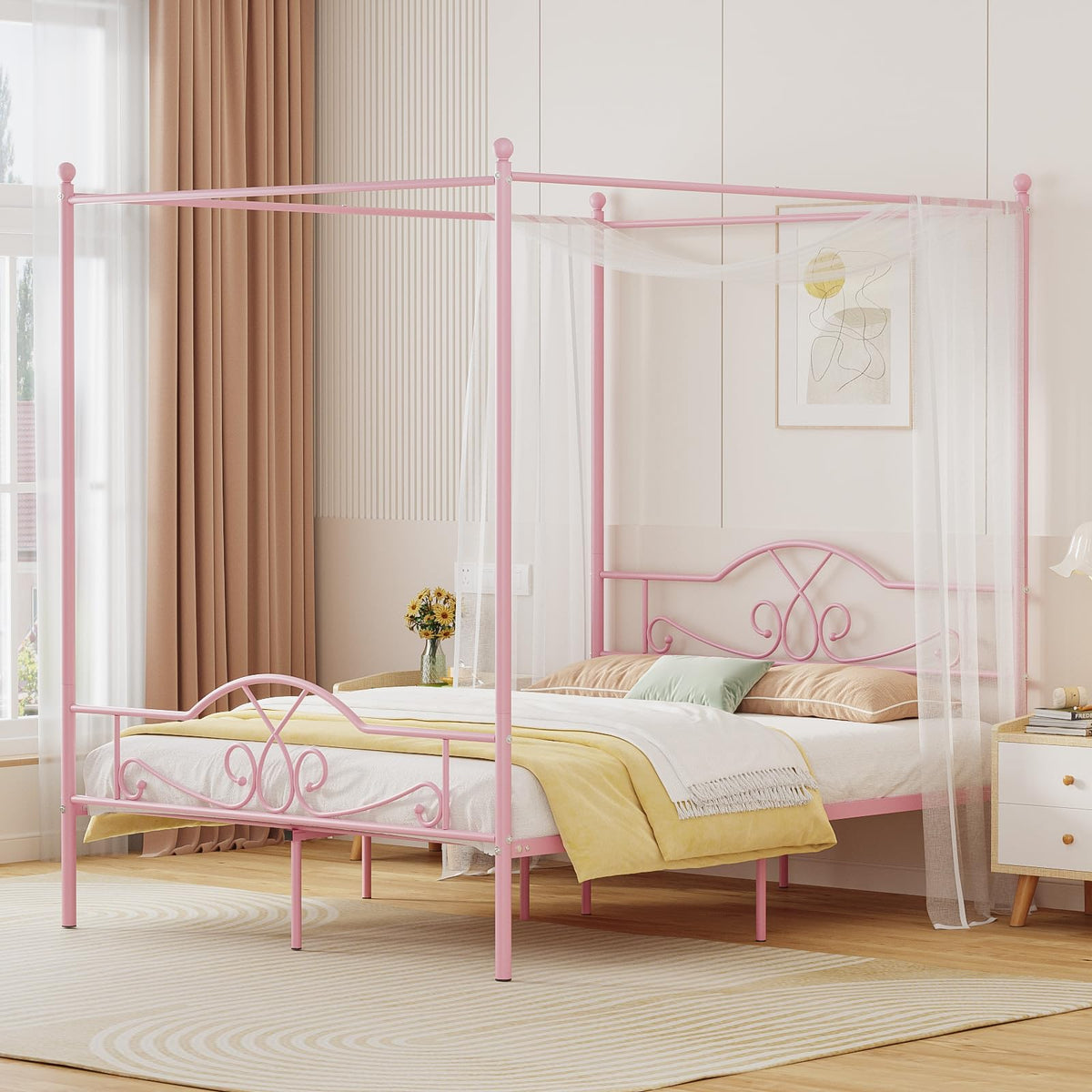 Weehom Full Canopy Bed Frame with Headboard and Footboard, Four-Poster Metal Canopied Platform Bed Mattress Foundation Underbed 