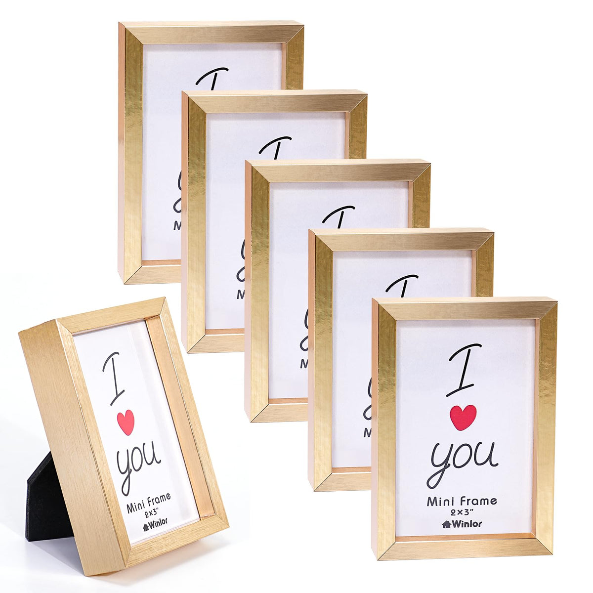 Winlor Small Picture Frame 2x3 6 Pack, Magnetic Photo Frames for Fridge and Tabletop Desk Decor, Cute Wallet Size Colored Picture Frames for School Locker, Family Baby Photo, Gold