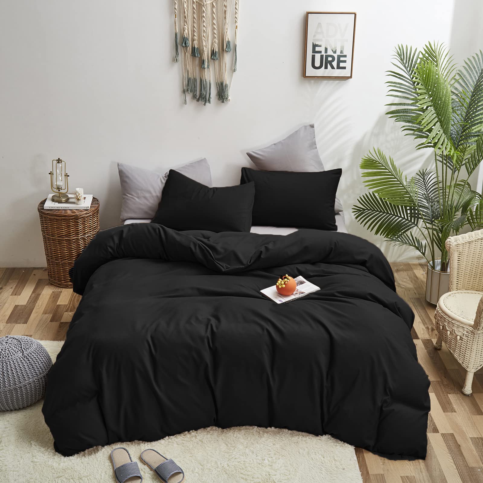 Luxlovery Black California King Comforters Set Women Men Solid Black Bedding Comforter Set Cal King Soft Breathable Lightweight