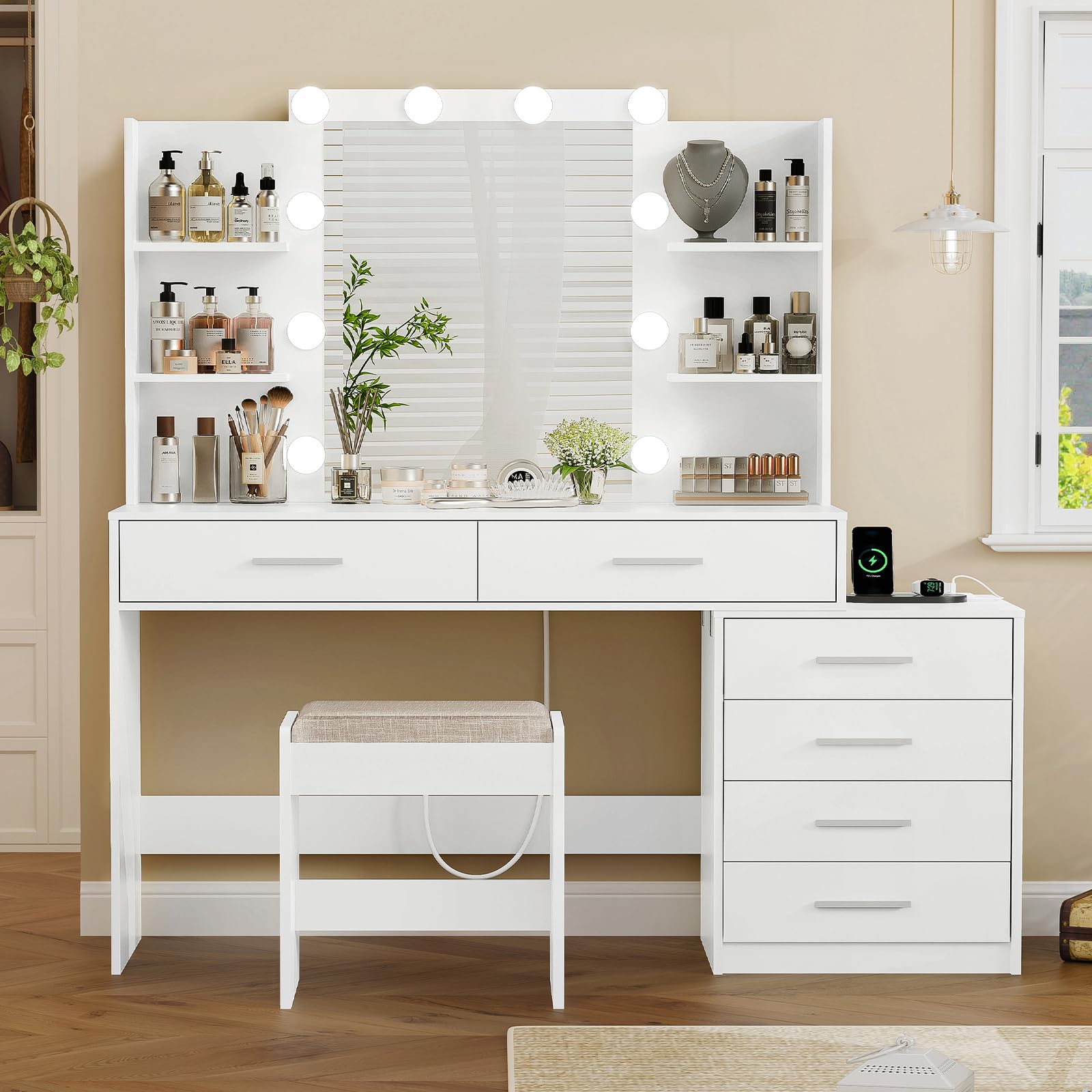 Quimoo 48' Large Vanity Desk With Mirror & Lights, Makeup Vanity Table With 6 Drawers & Power Outlet, 4 Open Storage Shelves, Vanity Desk Set With Stool, For Women Girls, White