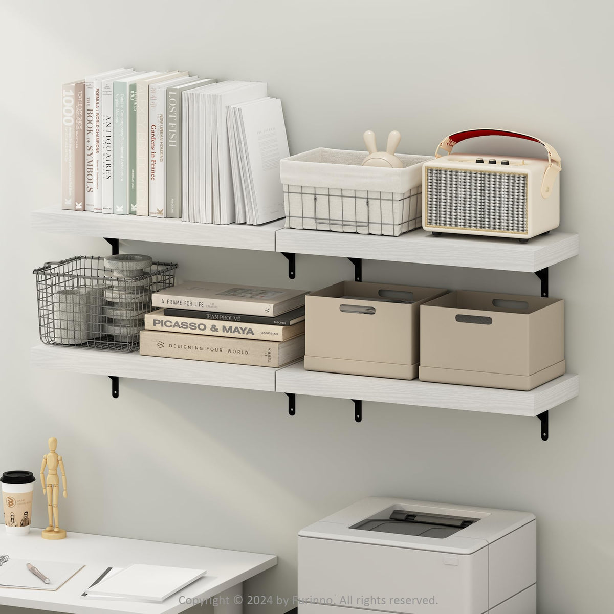 Furinno Tanna 22-Inch Wall Mounted Floating Display Shelves, White Texture, Set of 4