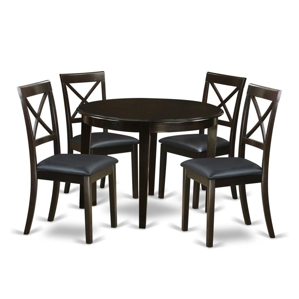 East West Furniture BOST5-CAP-LC 5 Piece Dining Room Table Set Includes a Round Wooden Table and 4 Faux Leather Kitchen Dining Chairs, 42x42 Inch, Cappuccino