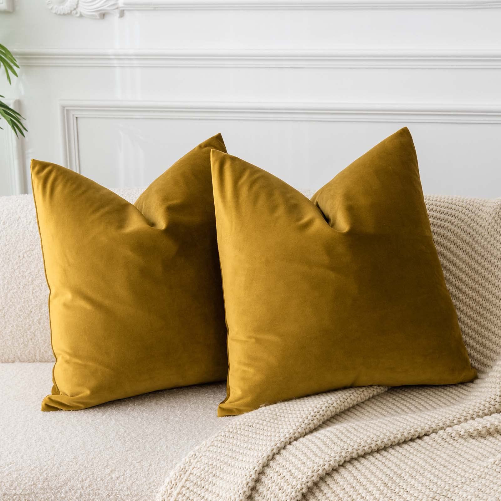 Juspurbet Mustard Yellow Decorative Velvet Throw Pillow Covers 20X20 Inches Set Of 2,Luxury Solid Soft Pillow Covers For Sofa Co
