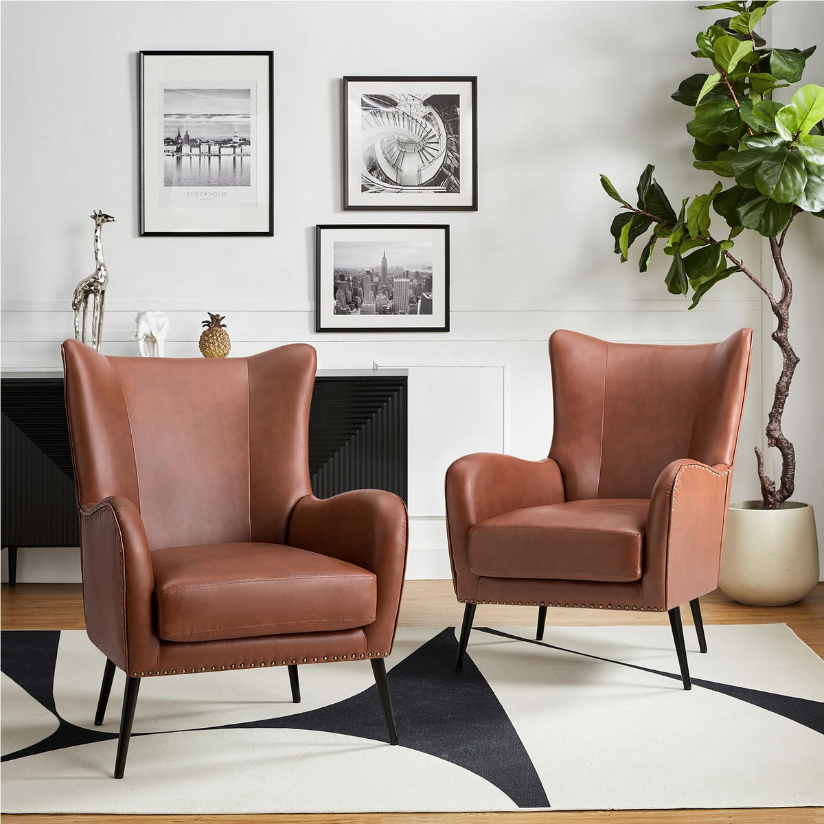 Hulala Home Faux Leather Accent Chair Set Of 2 W/Removable Cushion, Comfy Upholstered Armchair With Metal Legs & Nailhead Trim W