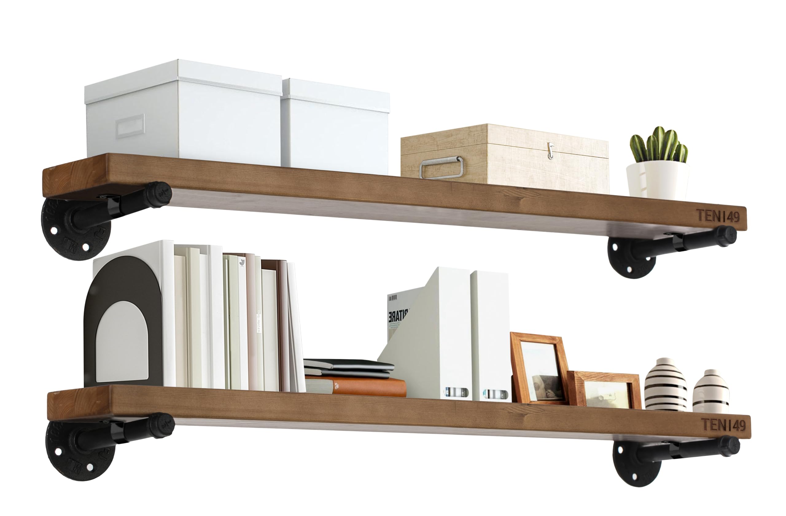 TEN49 Industrial Pipe Wood Wall Shelf - 36 Espresso Real Wooden Shelving - Modern Interior Decor Floating Shelves w/Iron Pipe Br