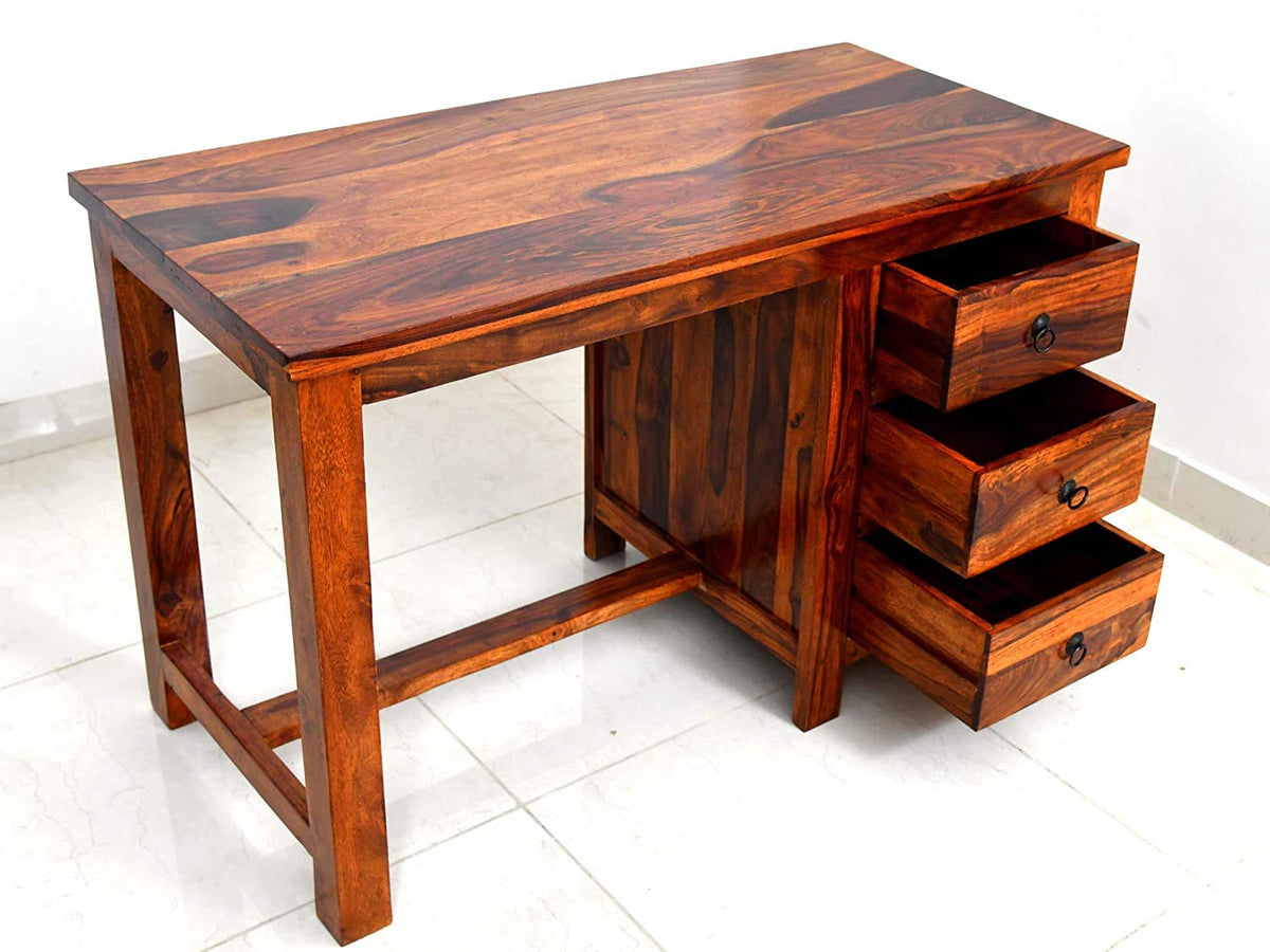 Indigo Interiors Wood Office Desk Study Computer Table For Living Room With 3 Drawer (Honey Finish)