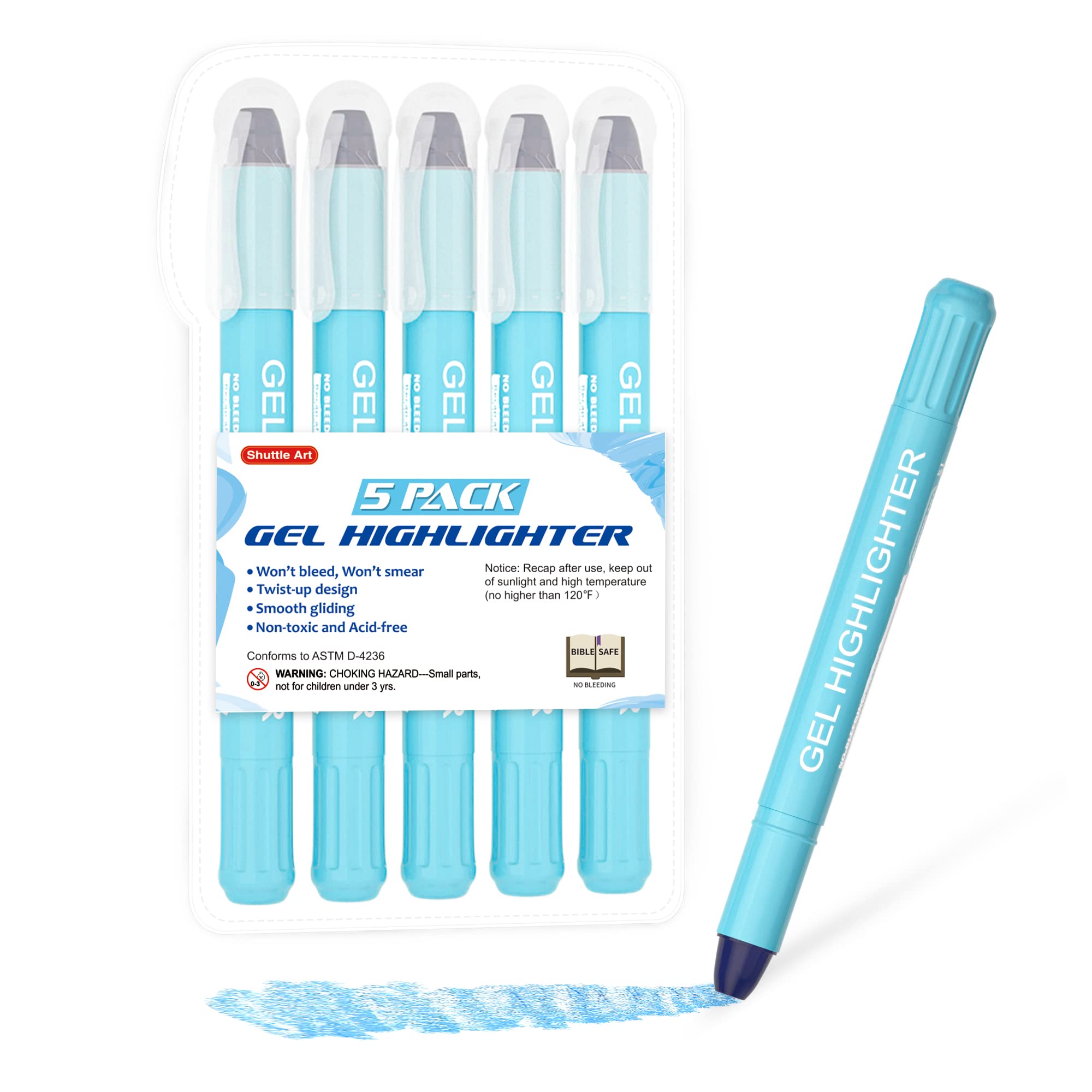 Shuttle Art 5 Pack Blue Gel Highlighters,Bible Highlighters,No Bleed Through, Bible Journaling Supplies,Great For Journaling, Hi