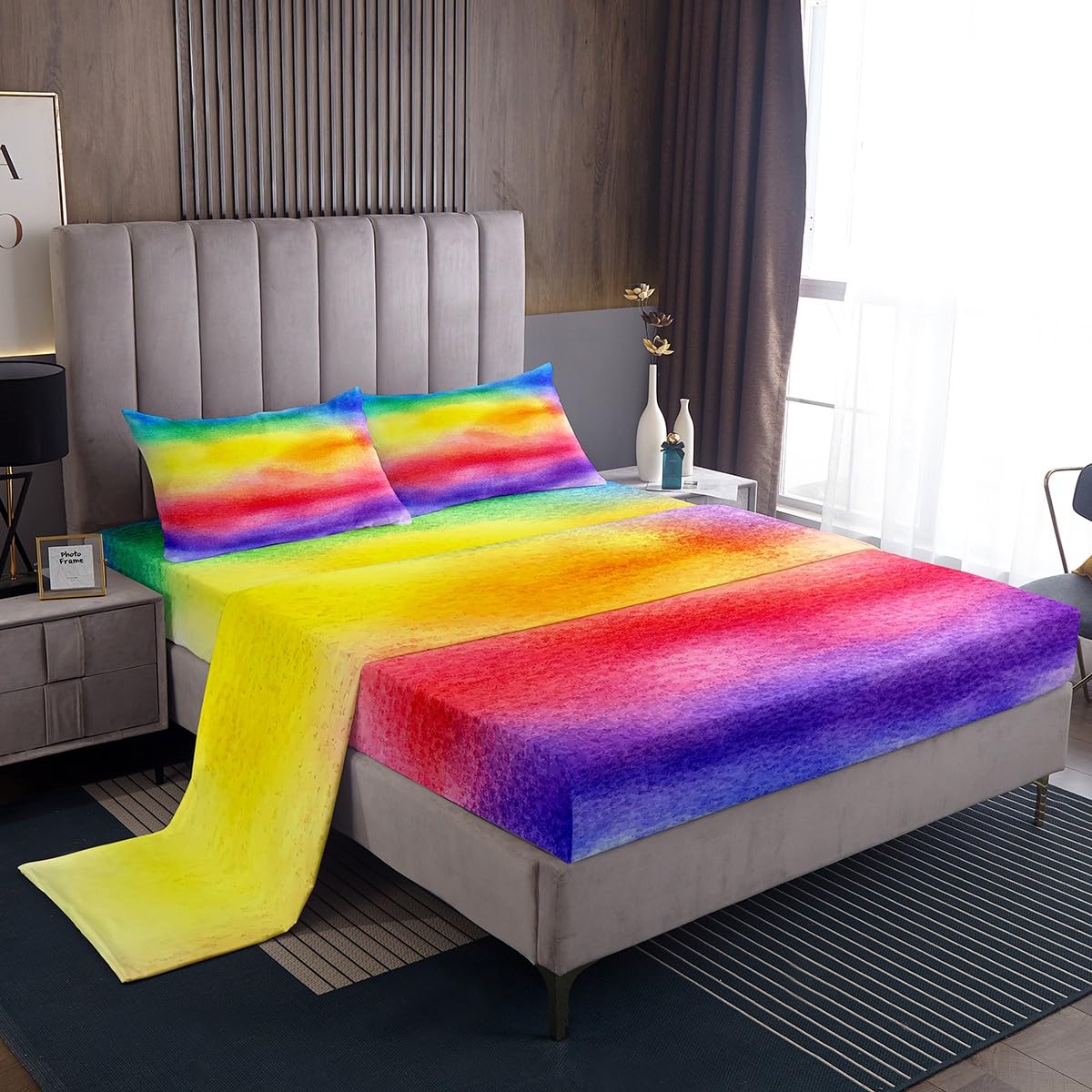 Feelyou Twin Sheet Set For Kids Girls Rainbow Stripe Bright Watercolor Soft Kids Bedding Set, 1 Flat Sheet,1 Deep Pocket Fitted Sheet, And 1 Pillow Case, Breathable, Teens Children Bedroom Decor