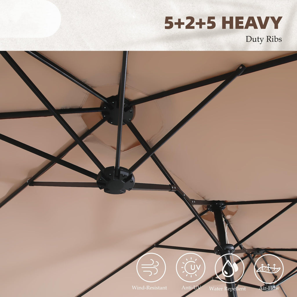 Phi Villa 13 Ft Outdoor Patio Umbrella, Large Rectangular Double Sided Market Table Twin Umbrellas With Crank Handle For Deck Pool(Beige)