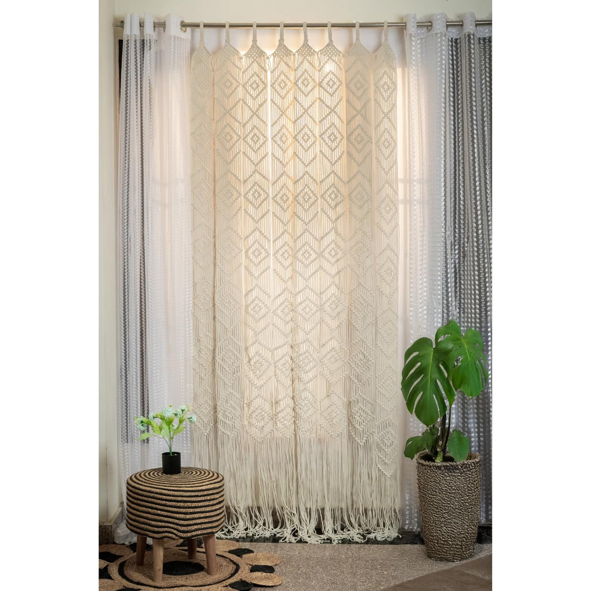 Kaahira Handmade Macrame Curtain For Door & Window  Boho Cotton Rope Curtain Panel | Handwoven Room Divider Bohemian Home Decor