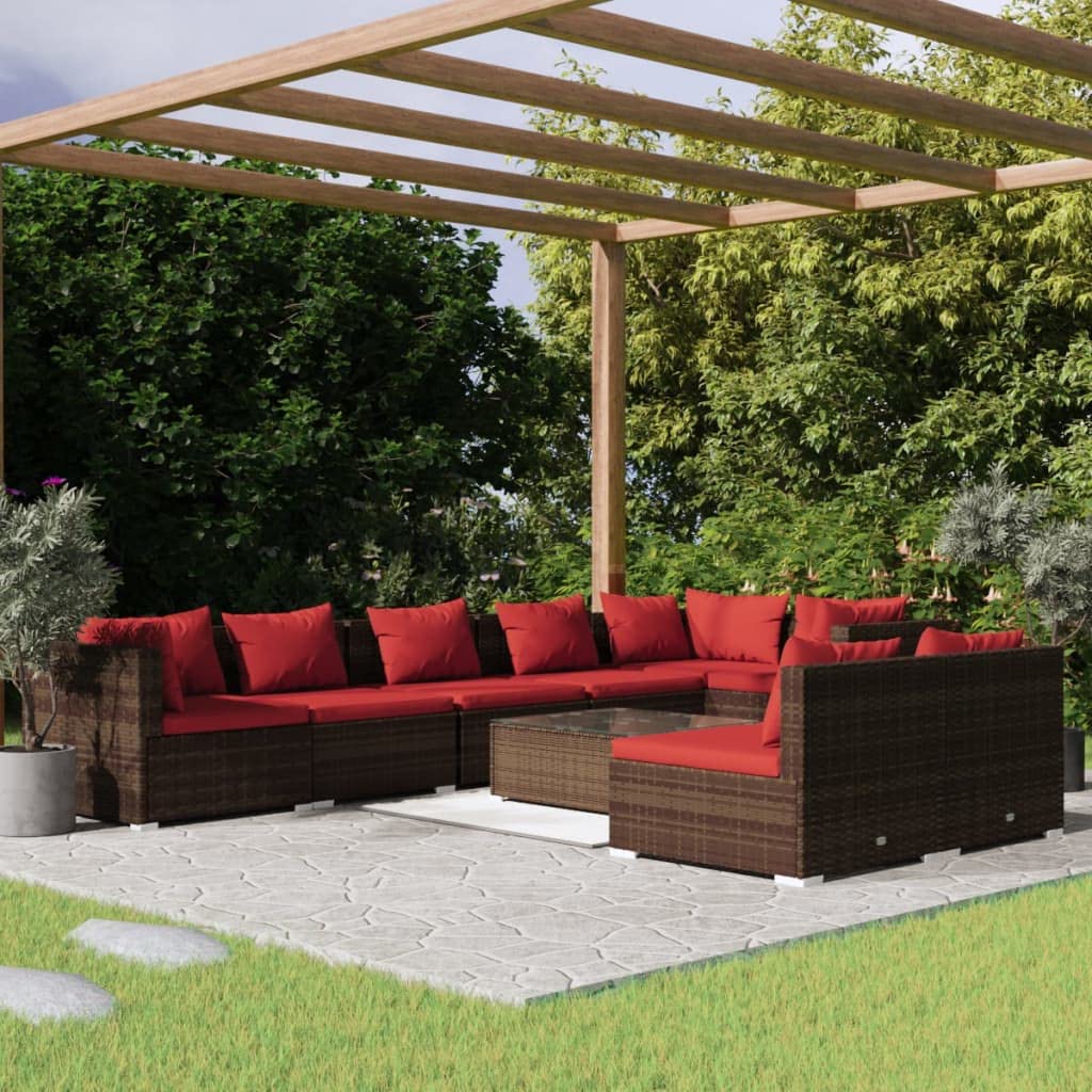 vidaXL Patio Lounge Set 9 Piece, Patio Furniture Set for Outdoor Garden, Sectional Sofa with Cushions, Corner Sofa, Brown Poly Rattan