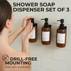 Stylish Shampoo And Conditioner Dispenser Set Of 3 For Wall Mount - Modern Drill Free 21Oz Shower Soap Bottles With Labels - Eas