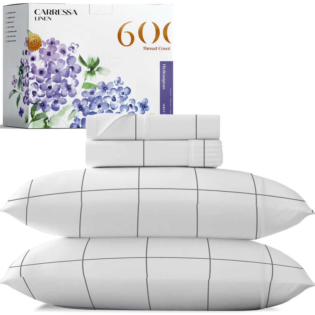 Carressa Linen Luxury Egyptian Cotton Queen Printed Sheet Set - 600 Thread Count Extra Long Staple 4 Pc Set, Window Pane Queen P